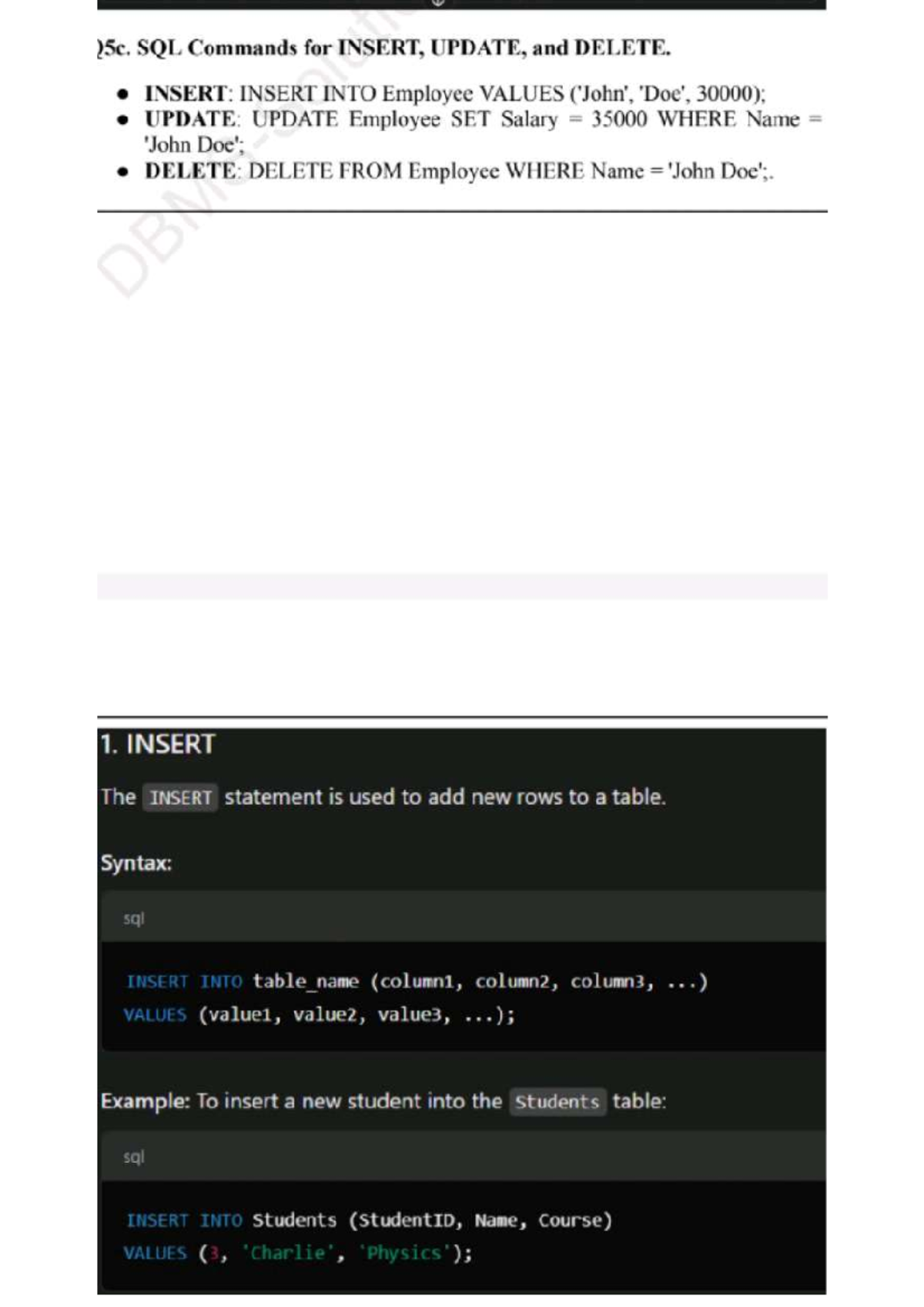 SQL Commands: INSERT, UPDATE, DELETE & Cursors - DBMS Module 2 - Studocu