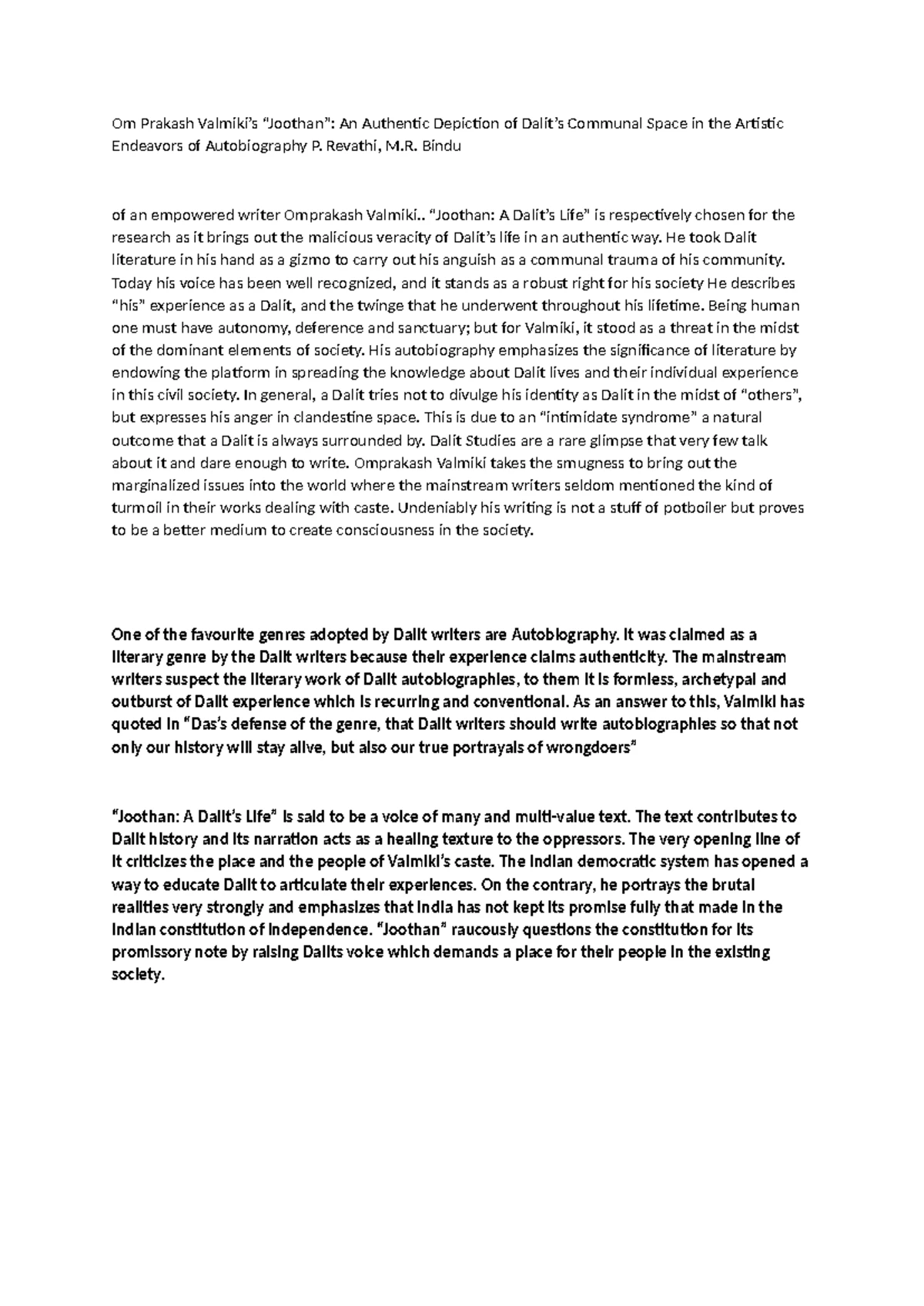 Study of Omprakash Valmiki's Joothan: A Dalit Autobiography Analysis ...