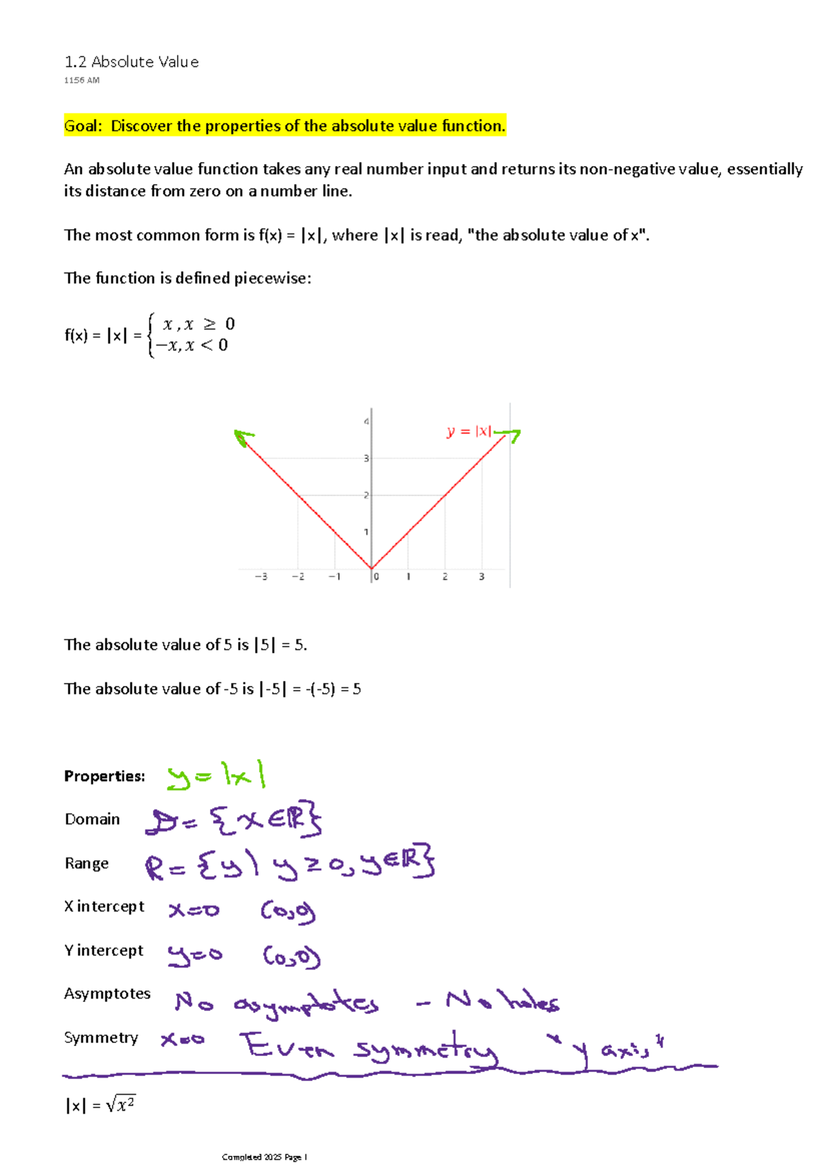 Absolute Value Function Properties and Examples - Studocu