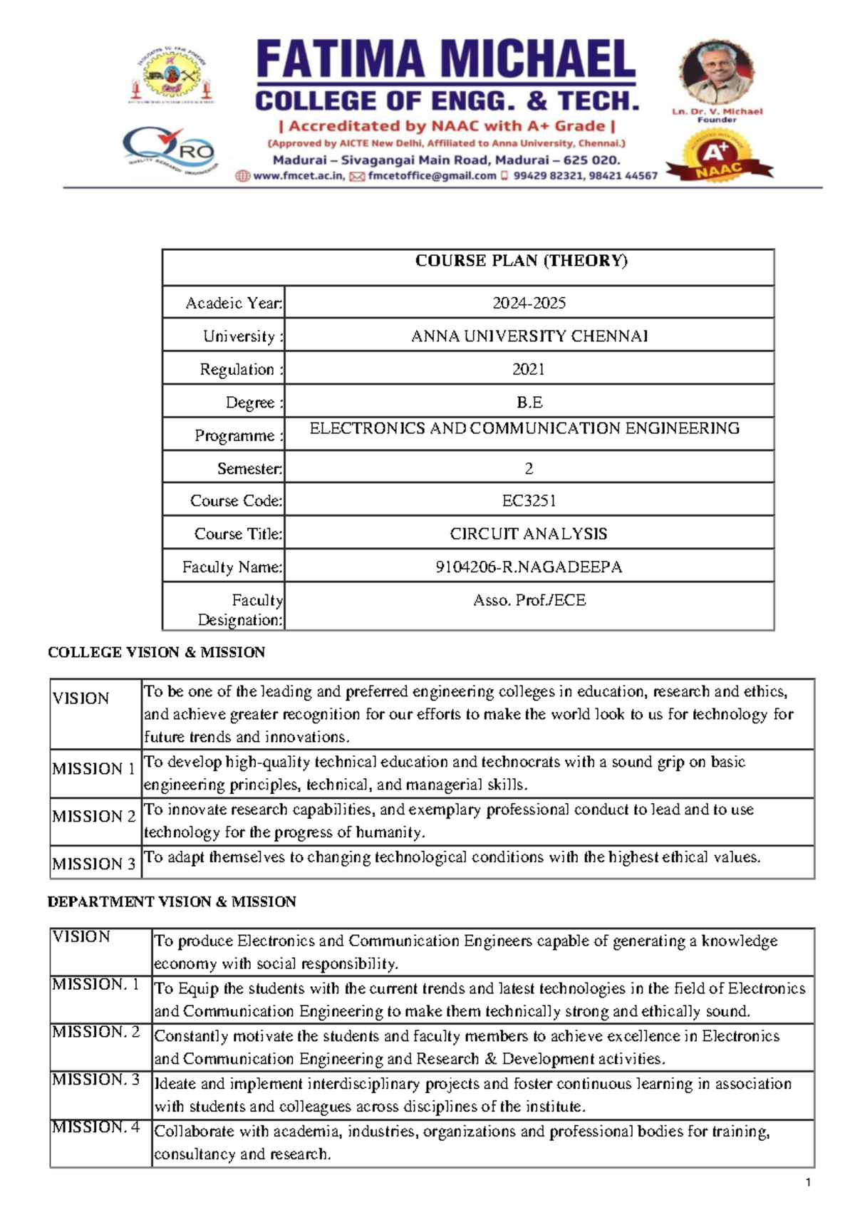 CA course plan - 2024-25 - 1 COURSE PLAN (THEORY) Acadeic Year: 2024 ...