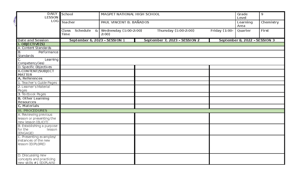 Week 1 - Grade 9 Chemistry Sample Lesson Plan - Studocu