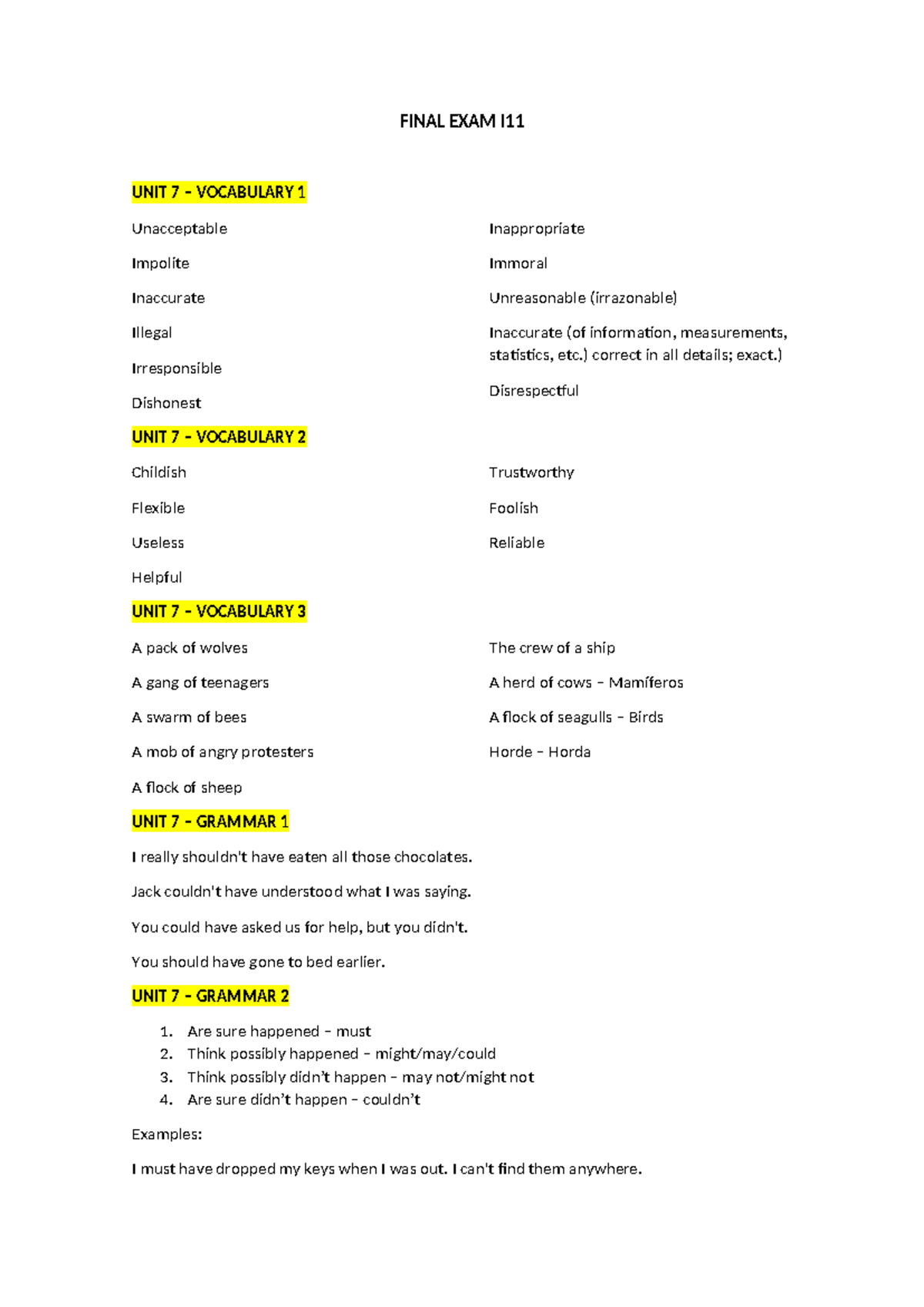FINAL EXAM I11 UNIT 7 & 8 VOCABULARY AND GRAMMAR REVIEW - Studocu
