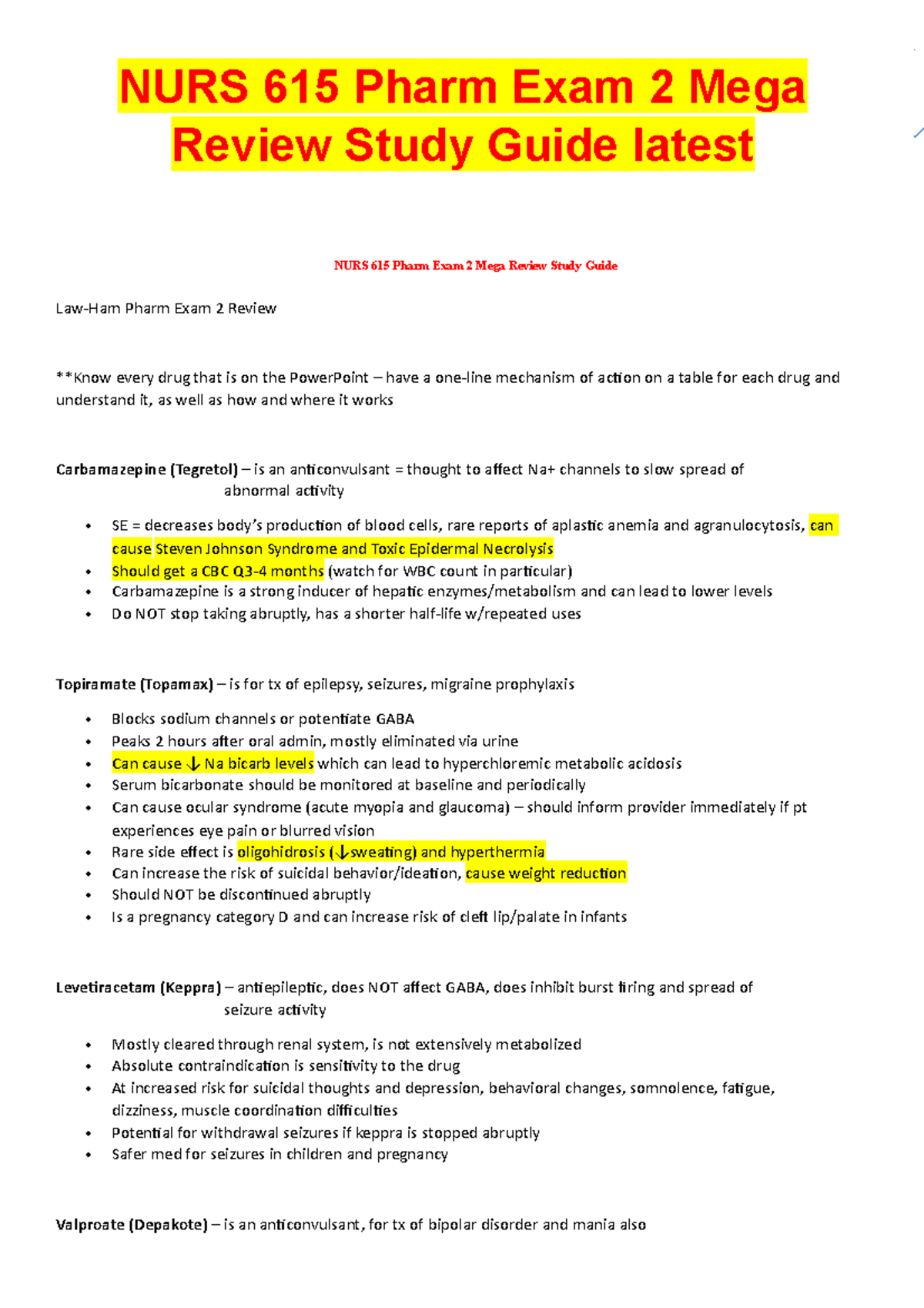 NURS 615 Pharm Exam 2 Mega Review Study Guide 2023 - Studocu