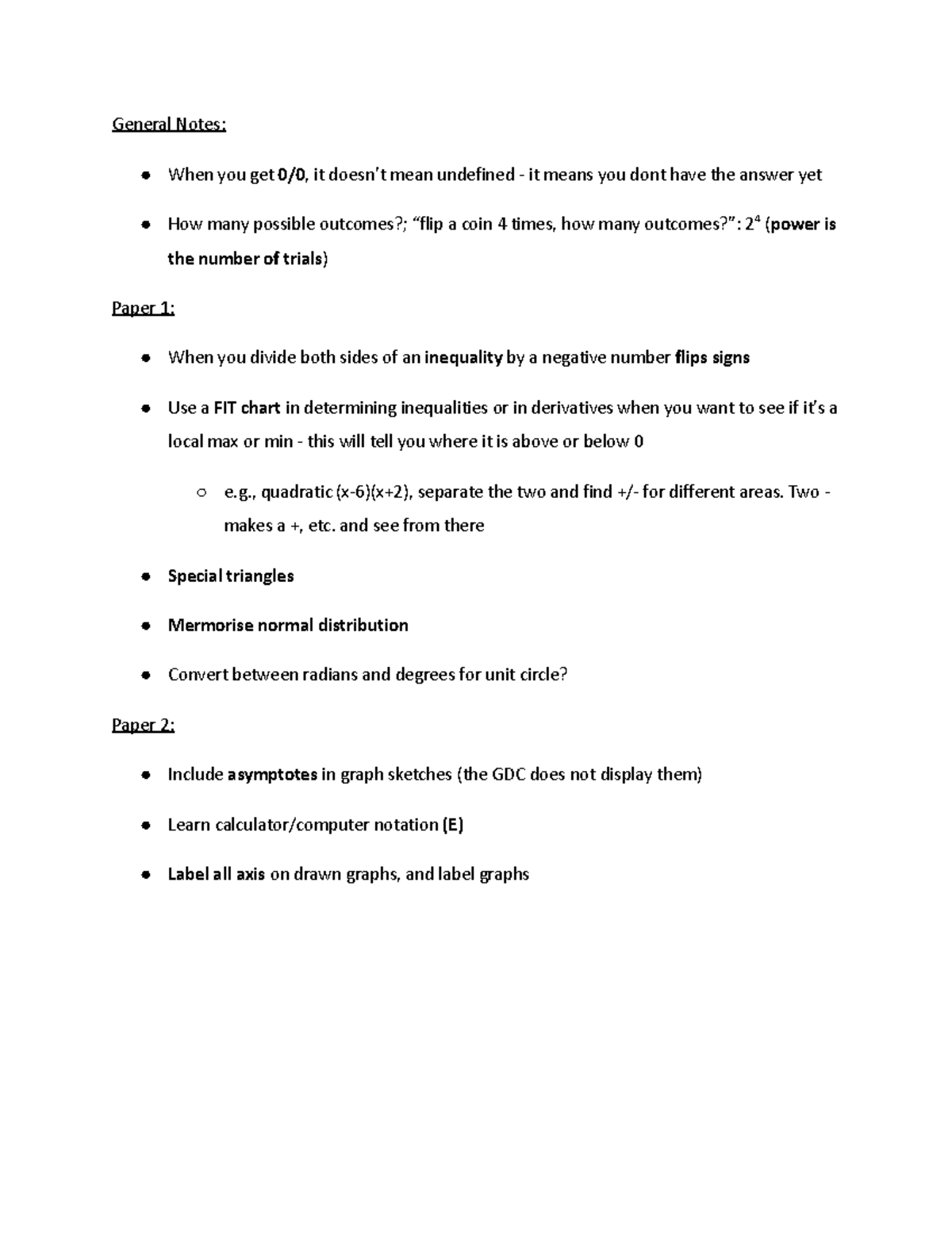 Quick IB SL Math Exam Notes: Inequalities, Graphs & Trig - Studocu