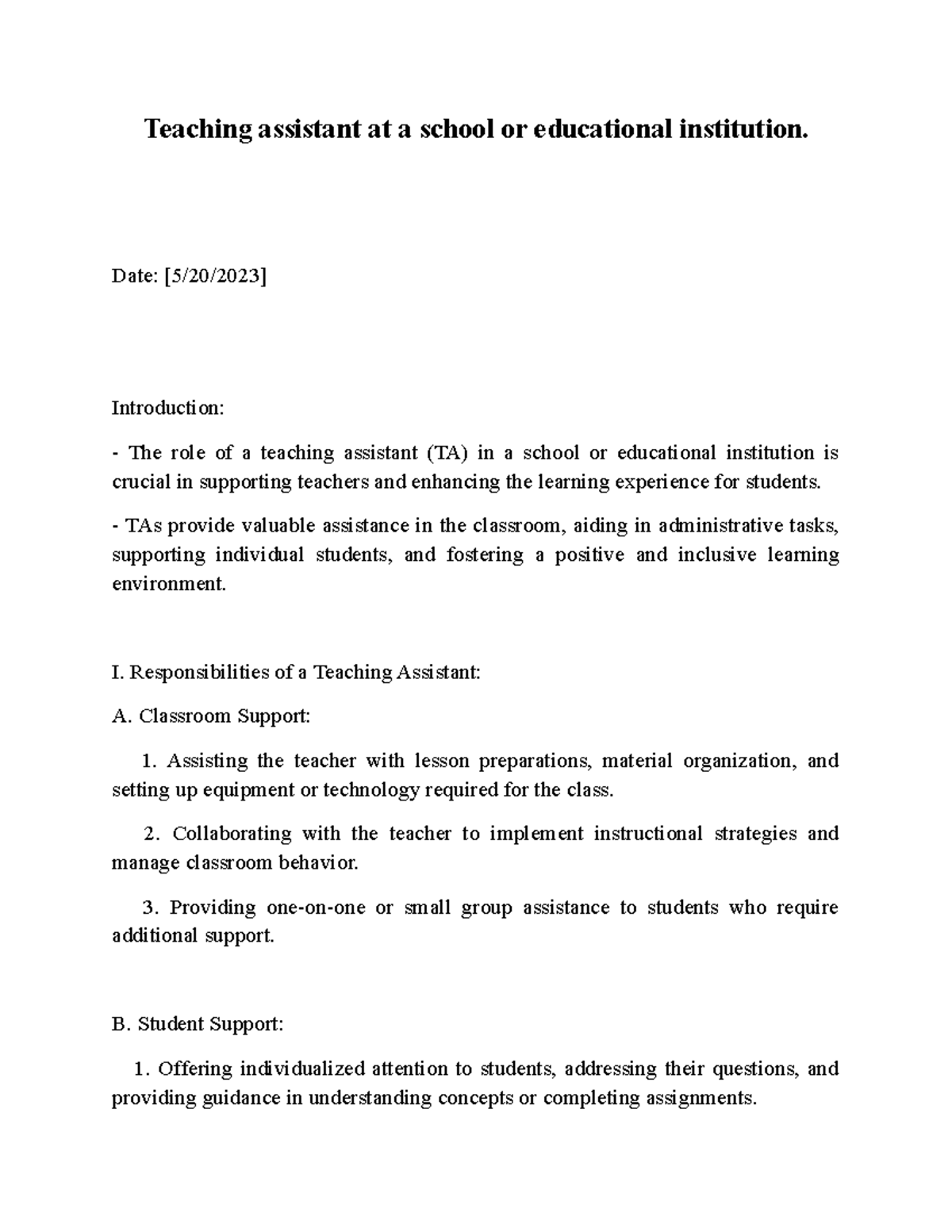 Teaching Assistant Roles and Responsibilities in Education Institutions ...