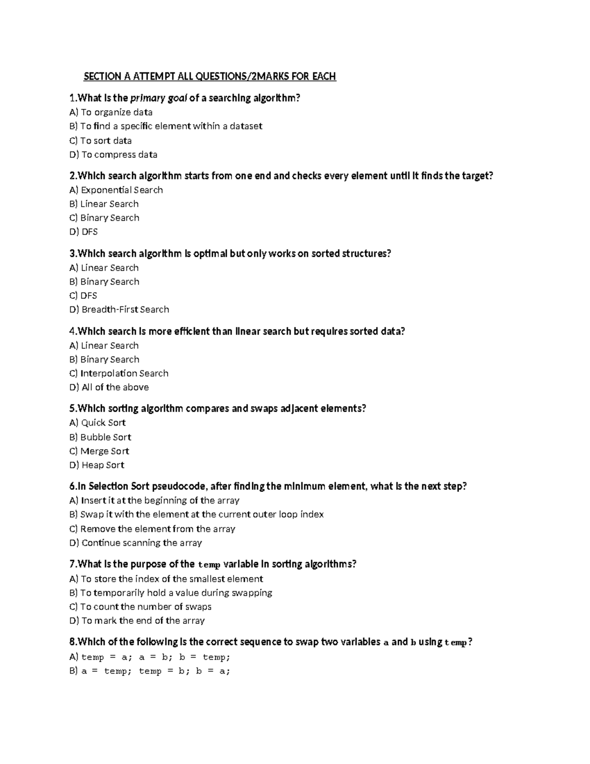 CS101: Searching and Sorting Algorithms - Quiz Questions - Studocu