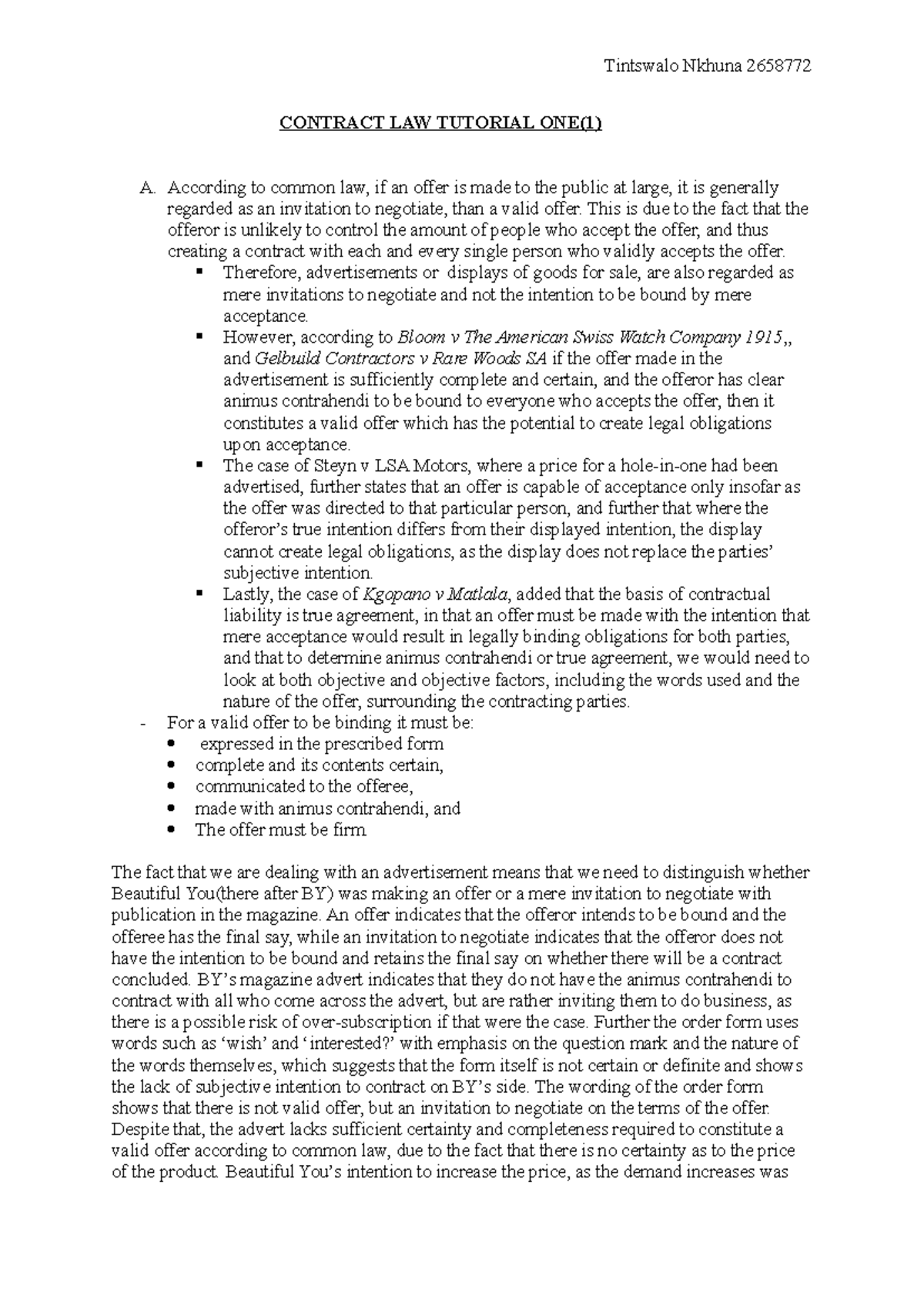 Contract Law 2658772 Tutorial 1: Offer and Acceptance Analysis - Studocu