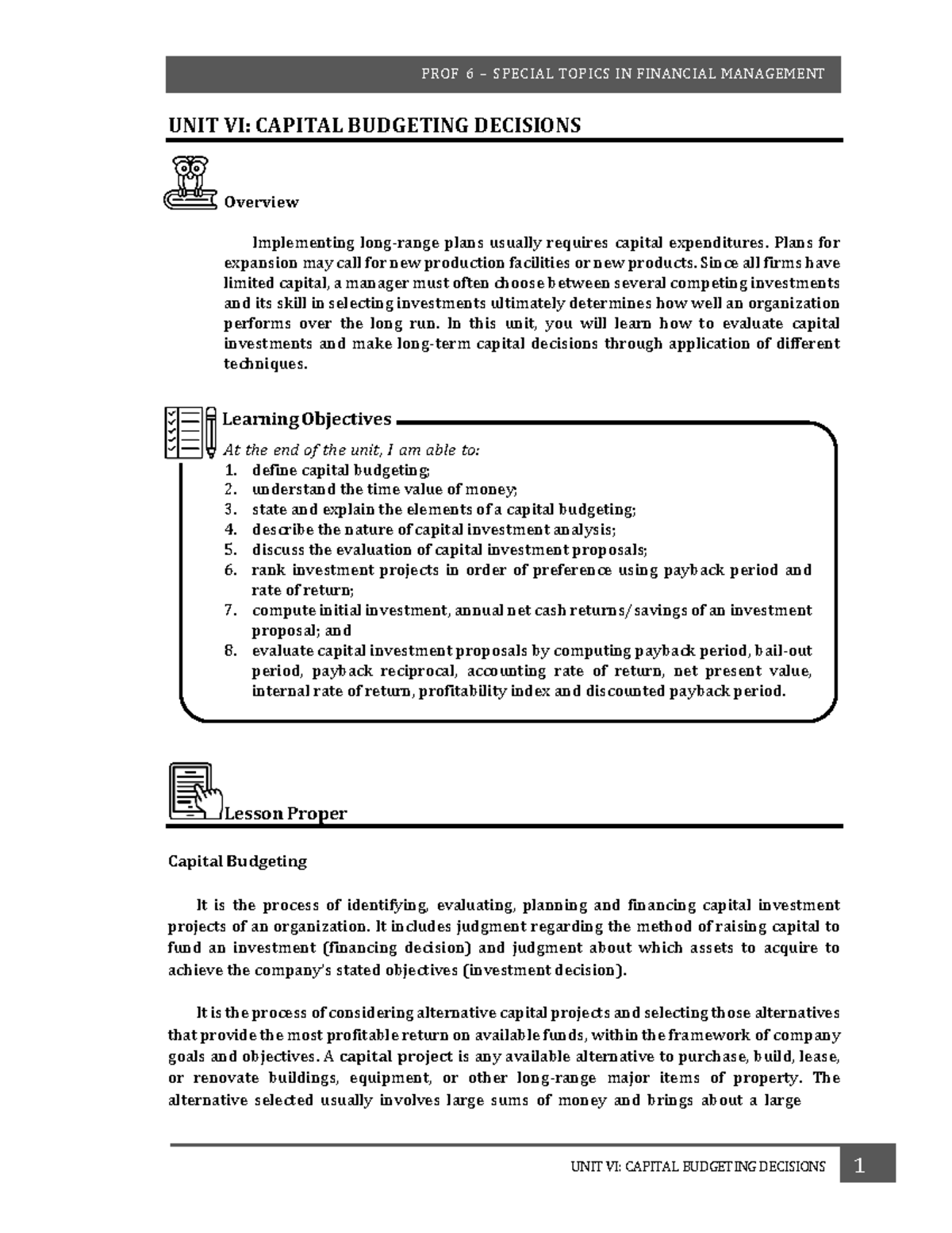 PROF 6: Capital Budgeting Decisions - Unit VI Overview and Techniques ...