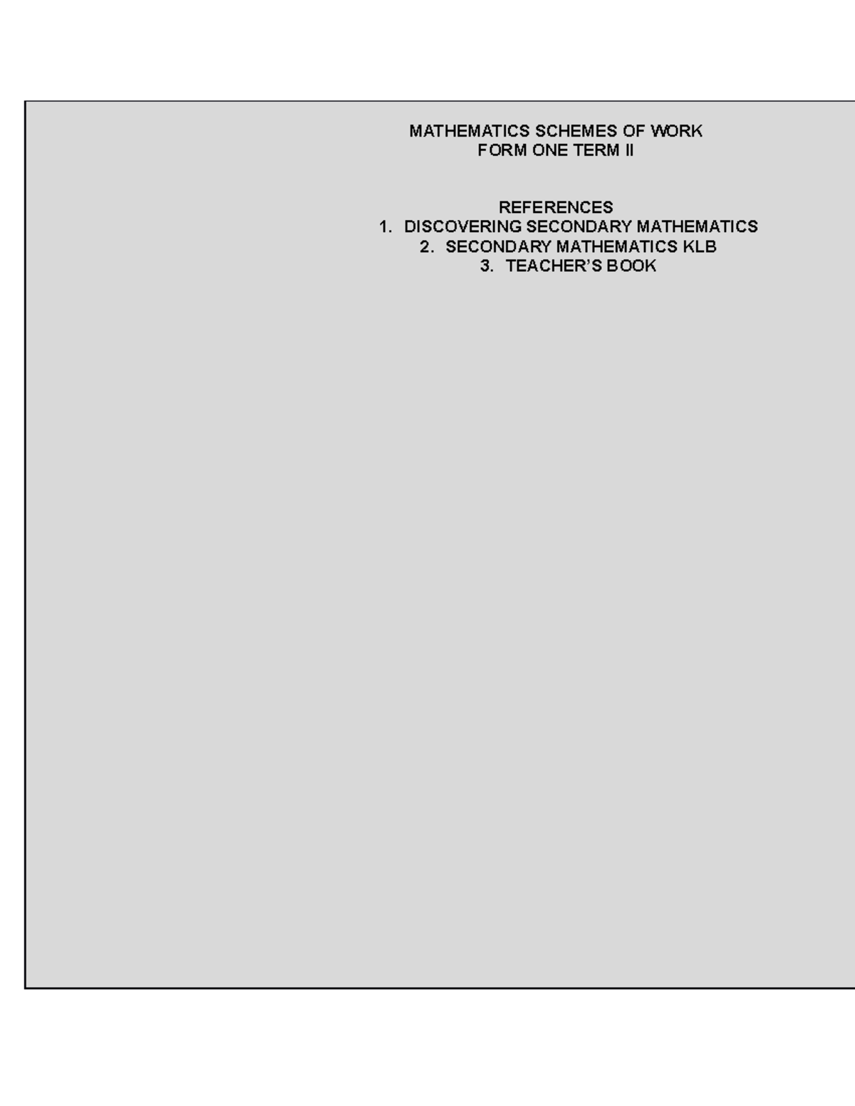 Mathematics Schemes of Work, Form 1, Term II Overview - Studocu