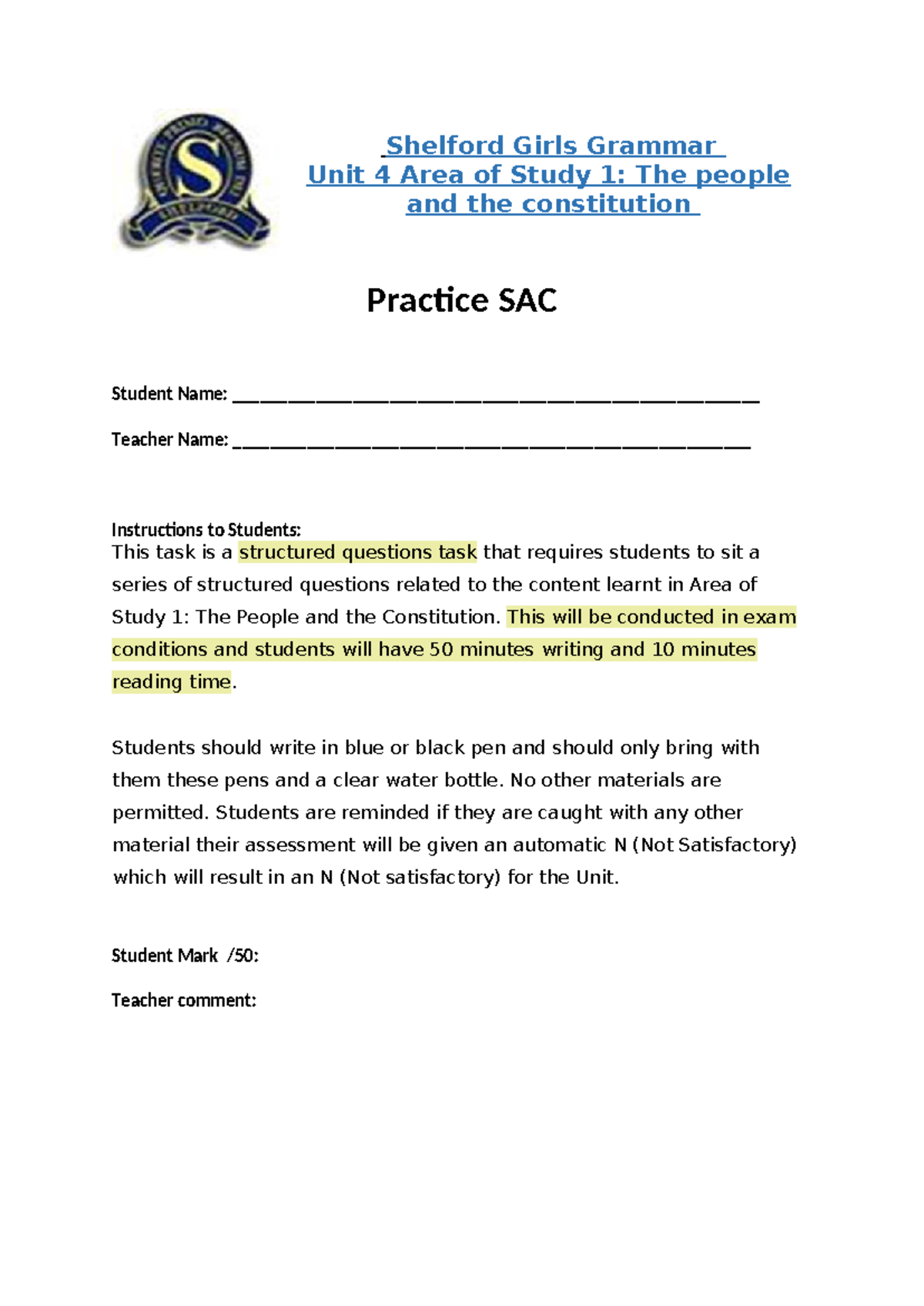 Unit 4 AOS 1 Legal Studies Practice SAC: The People & the Constitution ...