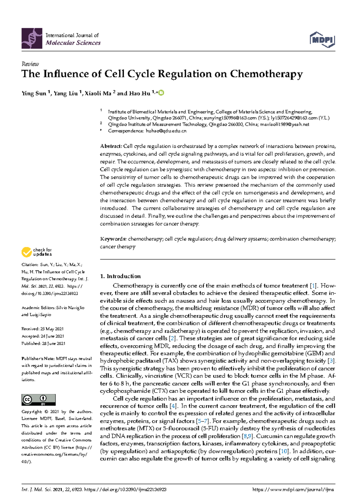 Ijms-22-06923 - The Role of Cell Cycle Regulation in Enhancing ...