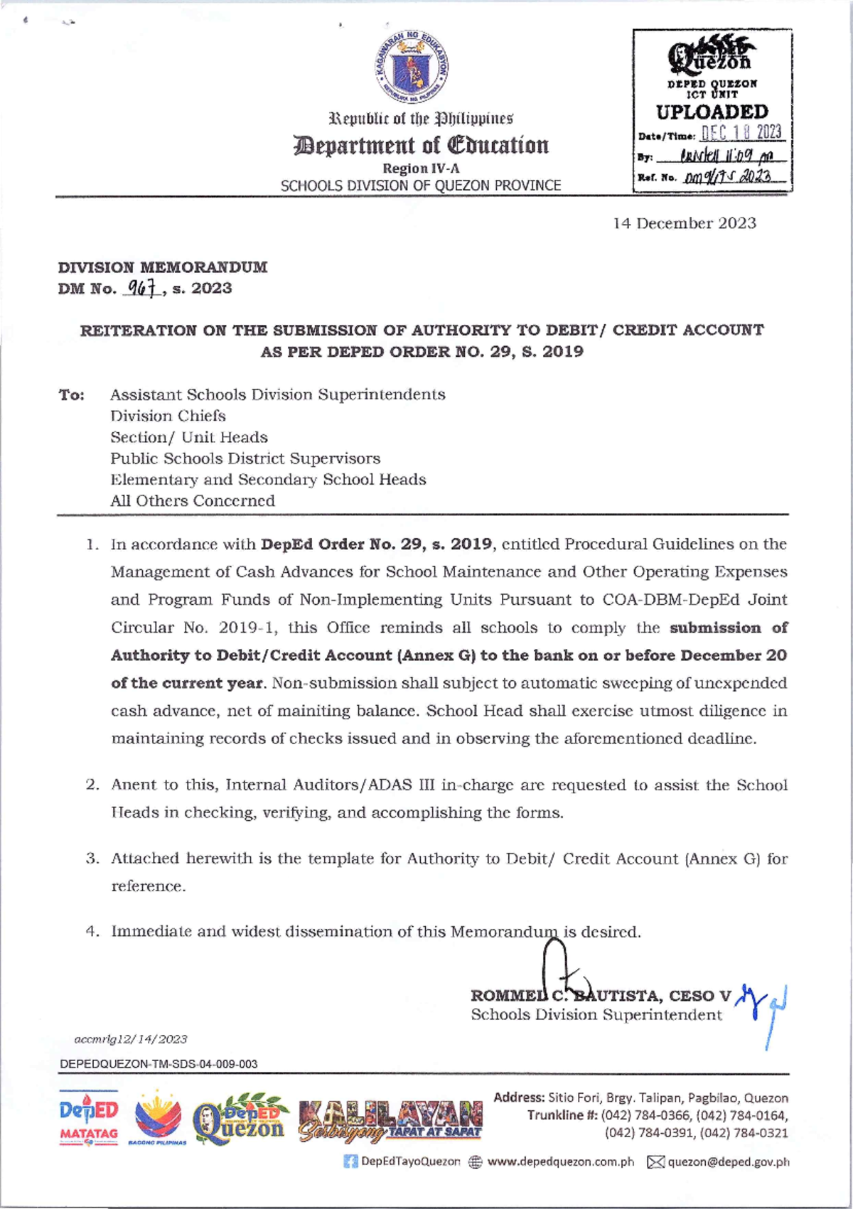 Reiteration on Submission of Authority for Debit Credit Account as per ...