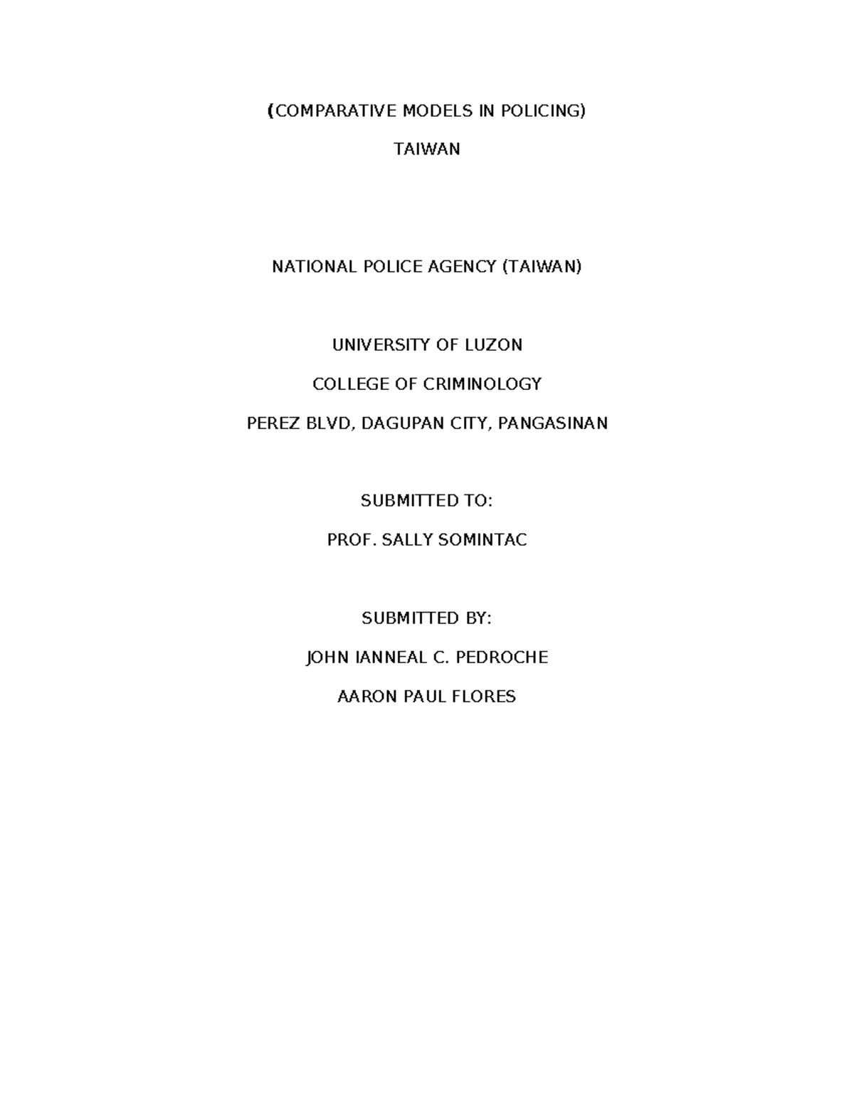 Comparative Policing System Comparative Models In Policing Taiwan