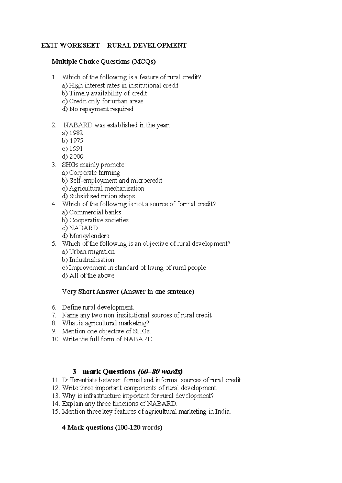 Rural Development MCQs & Short Answer Questions - EXIT WORKSHEET - Studocu