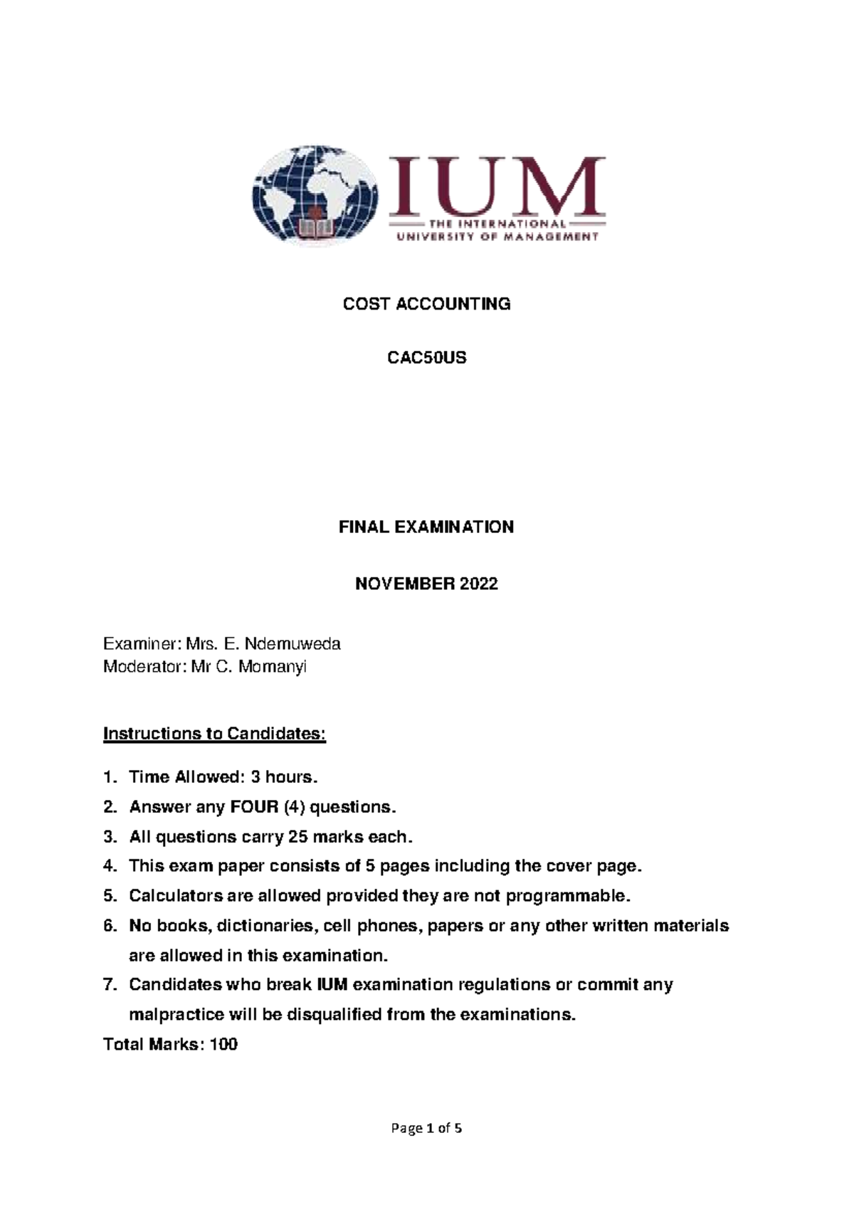 COST ACCOUNTING CAC50US FINAL EXAM NOV 2022 - Exam Paper - Studocu