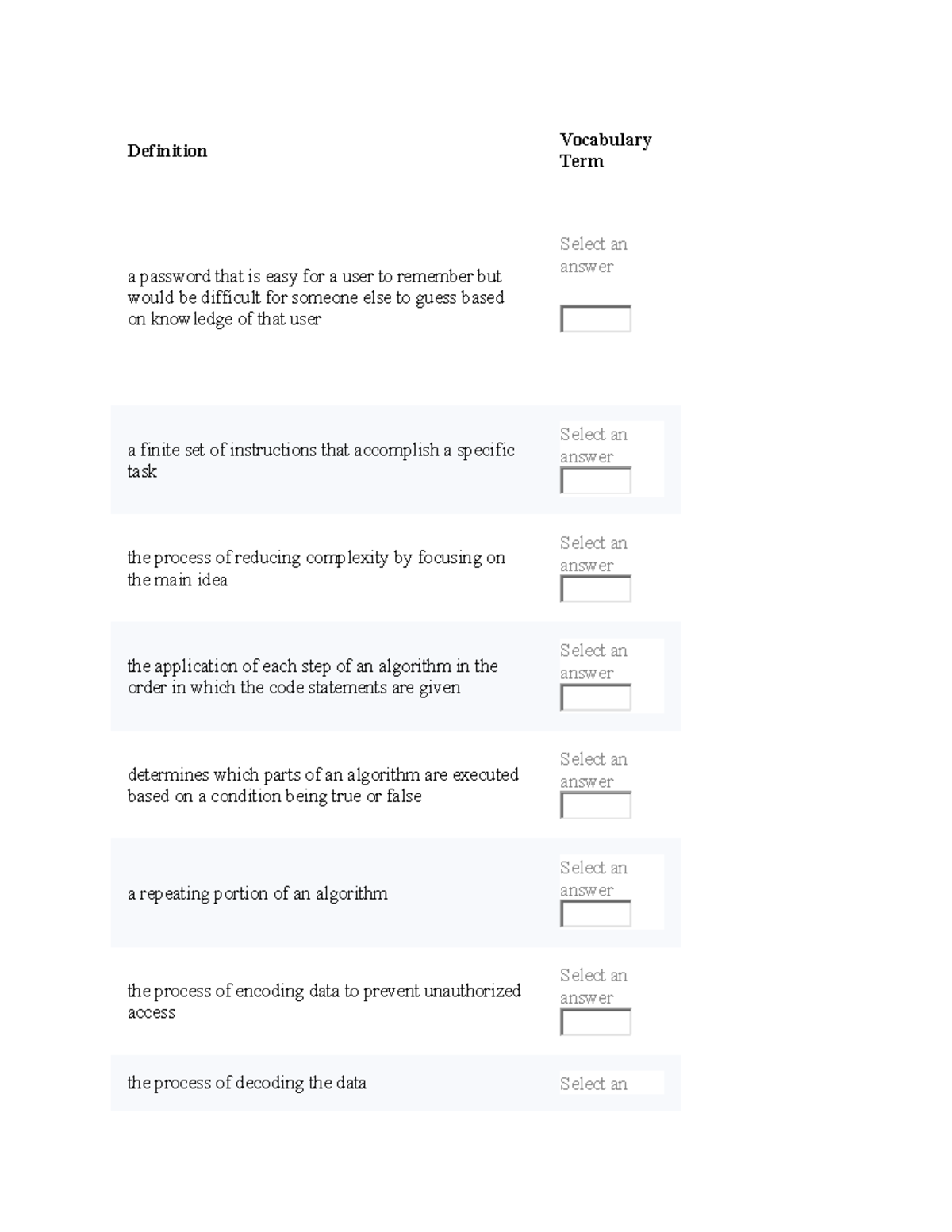 Unit 1 Vocabulary Practice for Algorithm Concepts and Definitions - Studocu