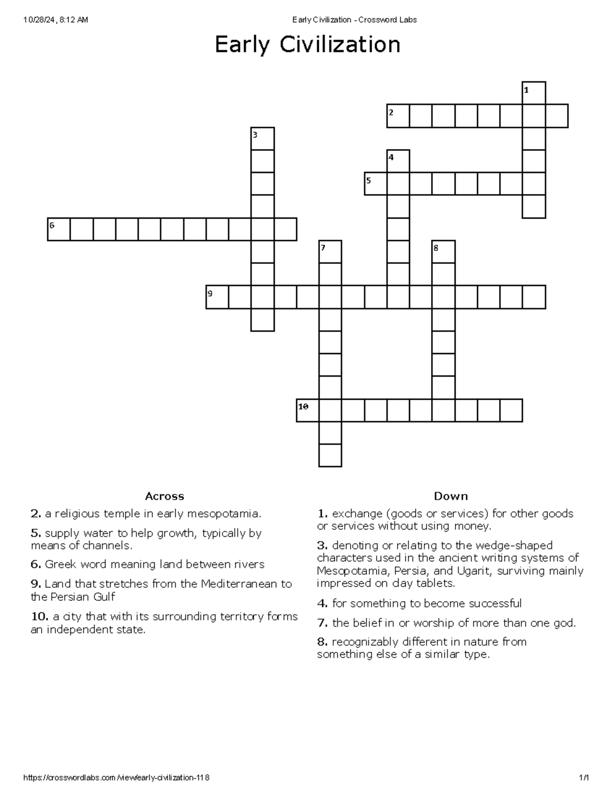 Early Civilization Crossword Labs: Key Terms & Concepts - Studocu