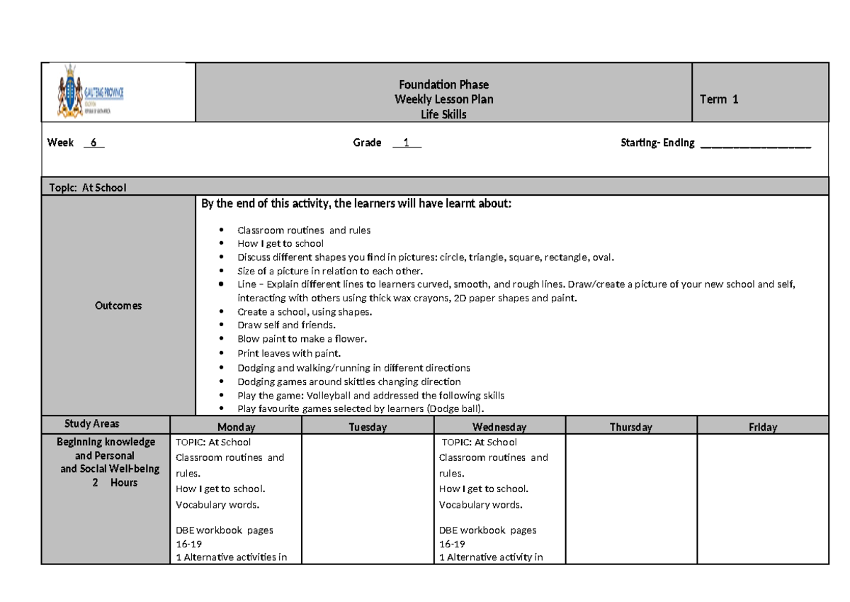 Grade 1 Term 1 Lifeskills Lesson Plan for Week 6 - At School - Studocu