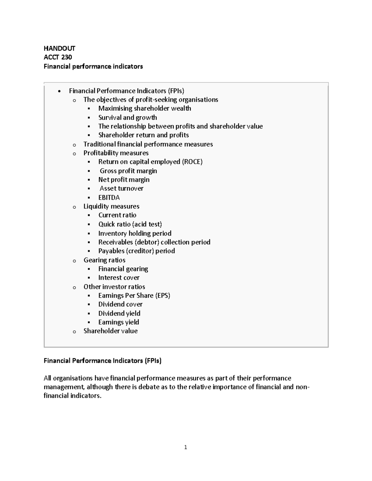 Financial Performance Indicators Handout ACCT 230: Key Ratios ...