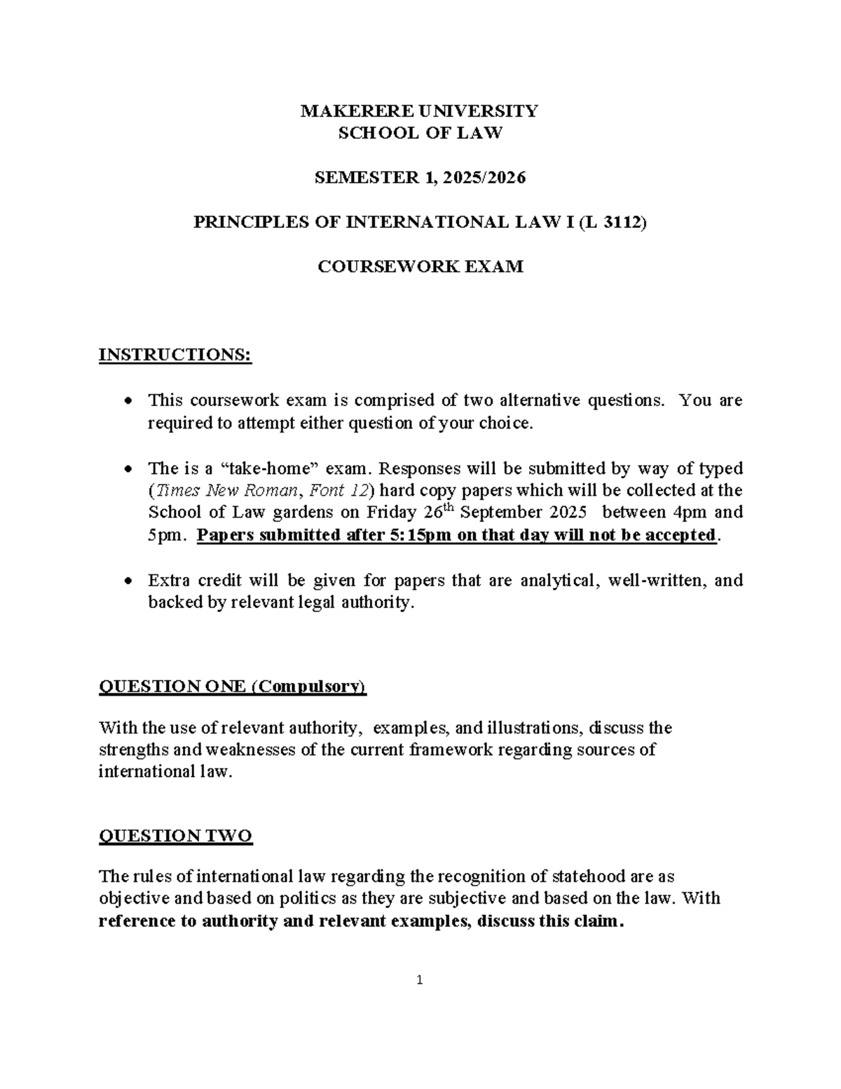 PIL 2 Coursework Exam Instructions: International Law I (L 3112) - Studocu