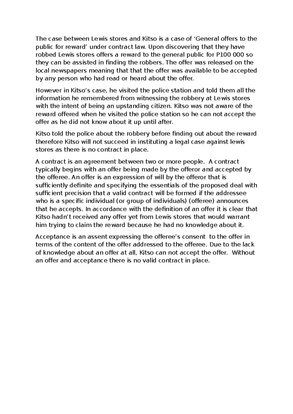 Law 251 Case Study: Offers to the Public and Contract Law - Studocu