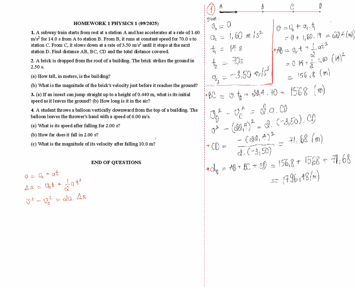 Homework 1 Physics 1: Motion and Free Fall Problems - Studocu