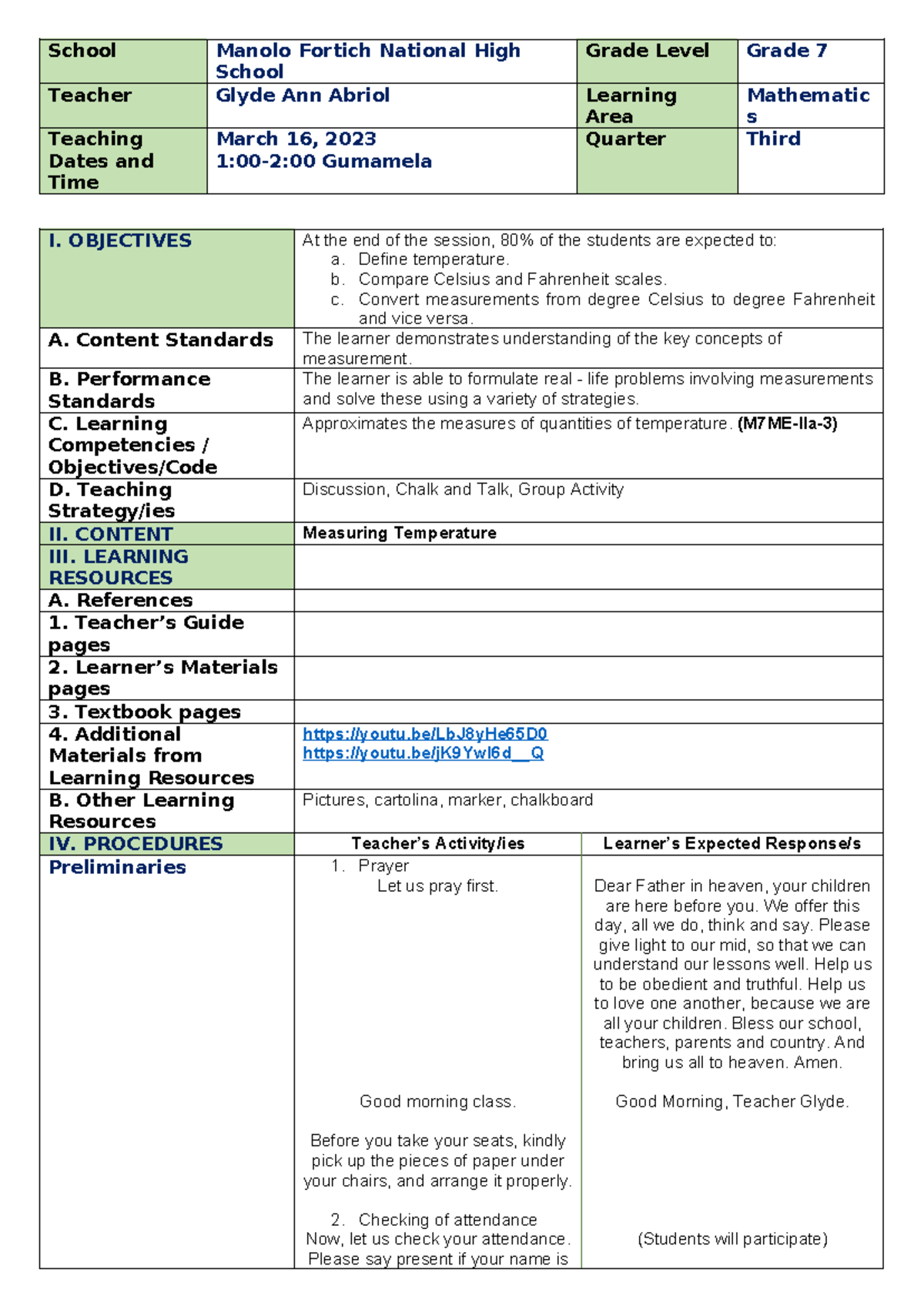 Measuring Temperature: Grade 7 Math DLP for March 2023 - Studocu