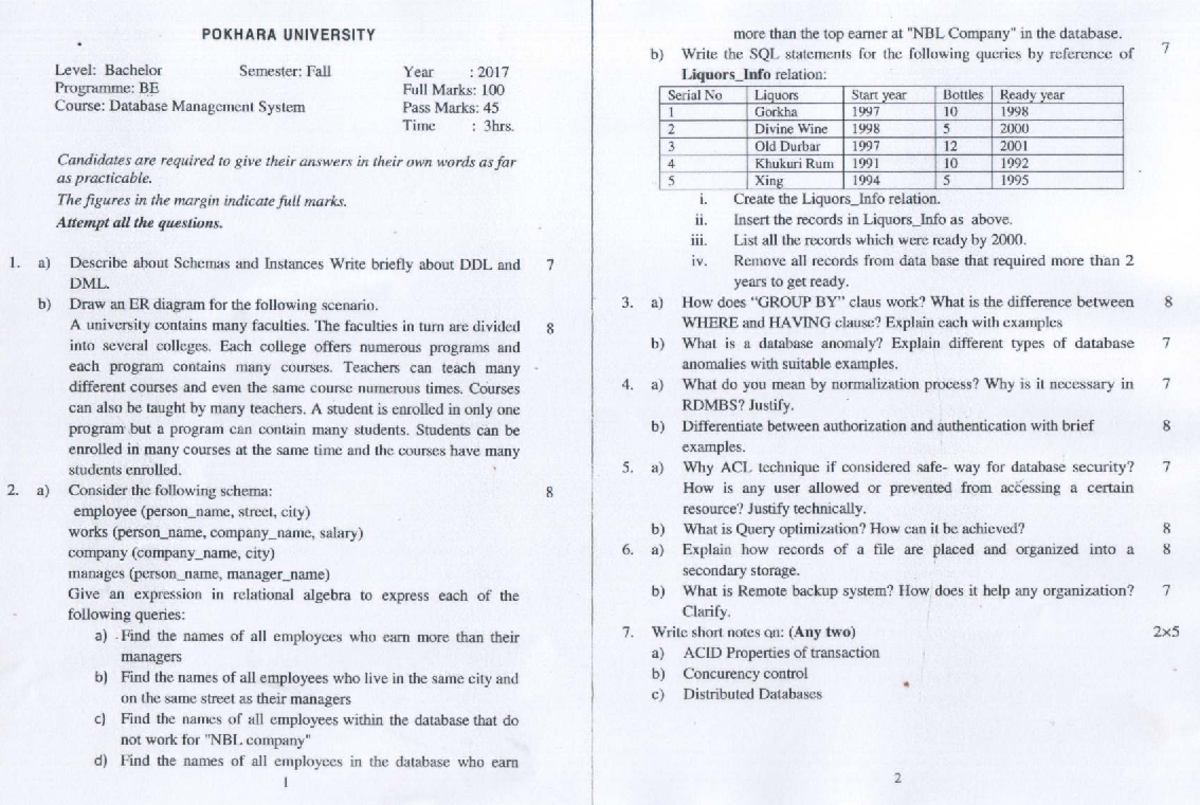 DBMS-17 Fall - Question Paper on Database Management Systems - Studocu
