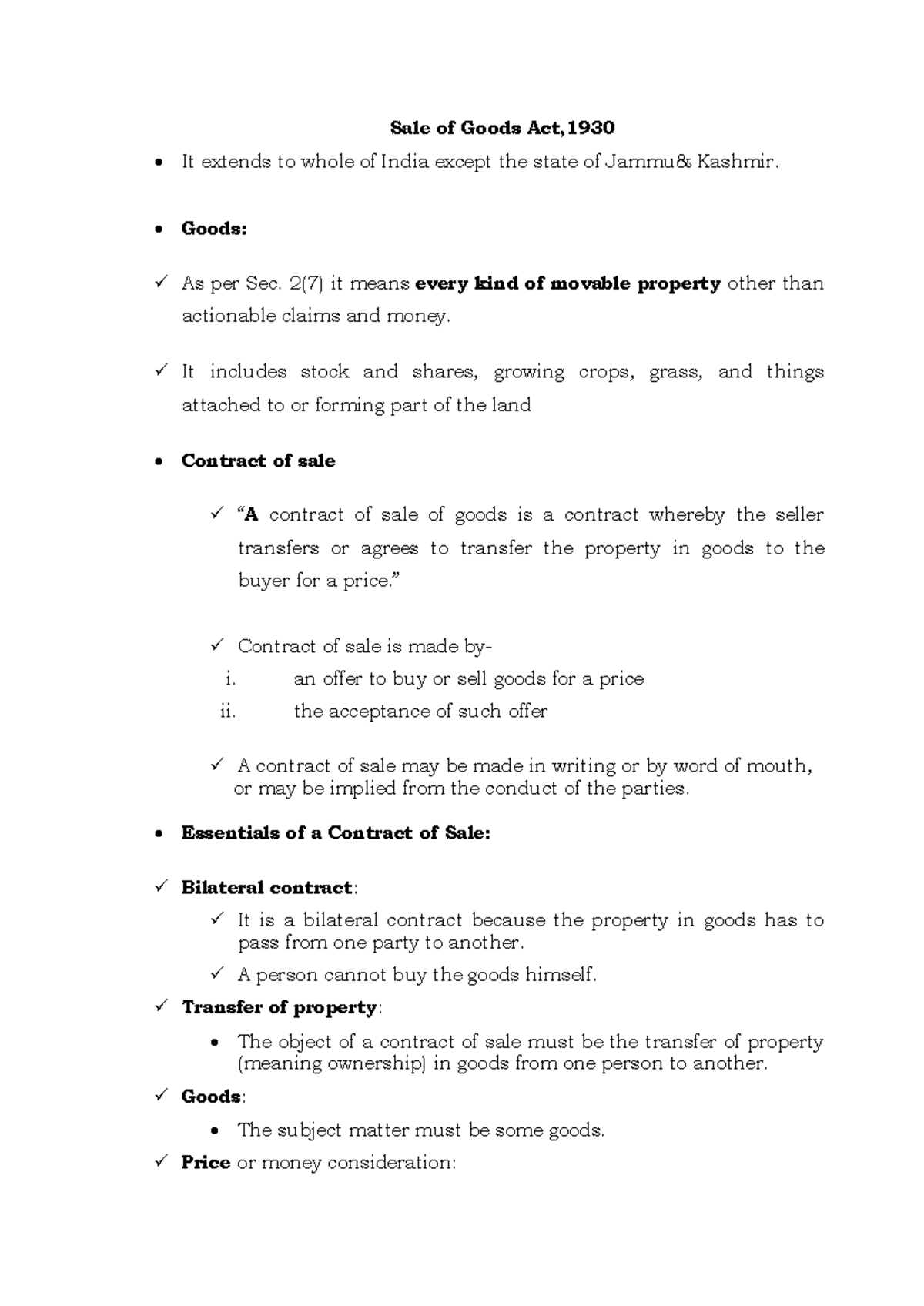 02. Sale of Goods Act 1930: Key Concepts and Legal Framework - Studocu