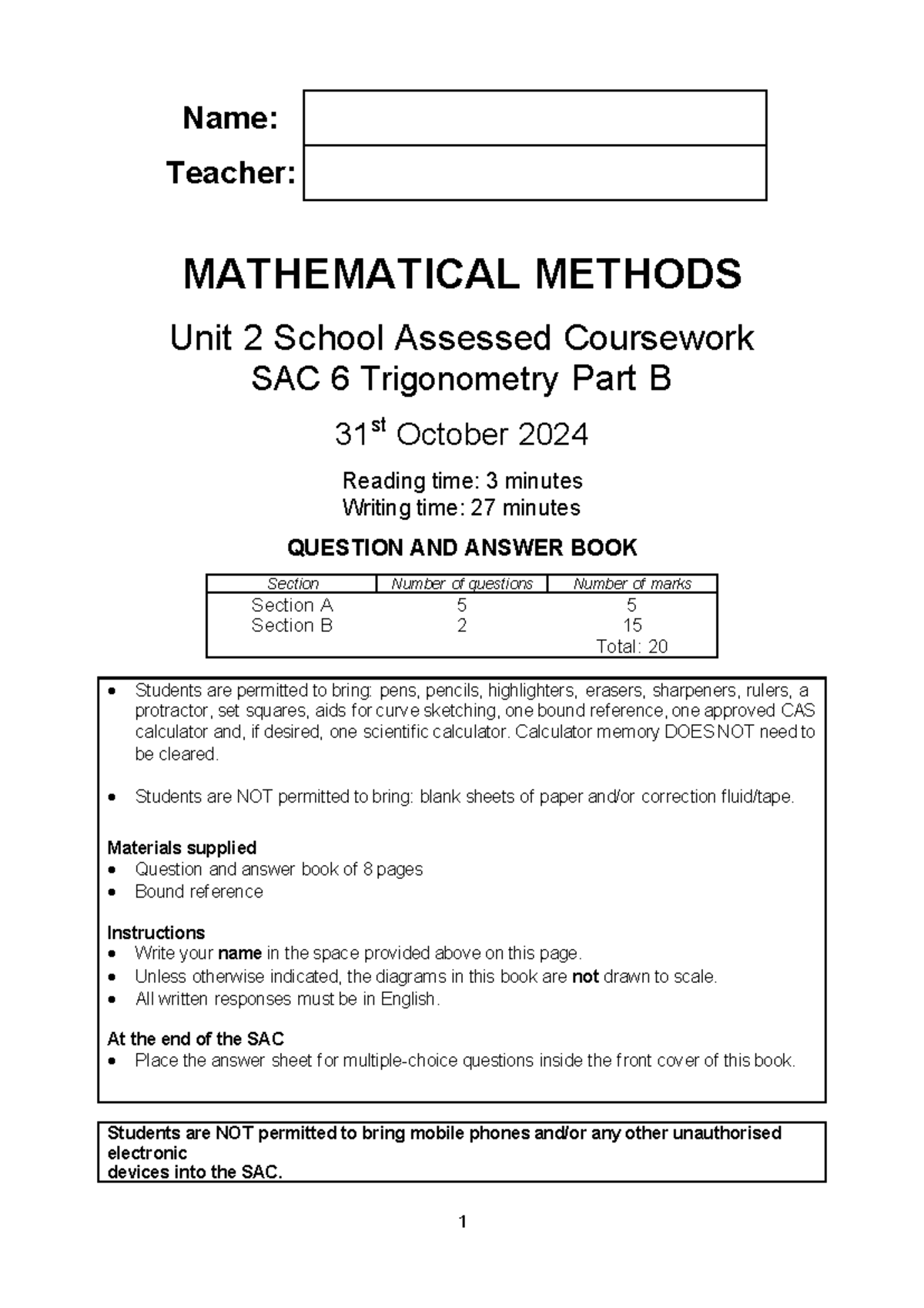 2024 MATHEMATICAL METHODS SAC 6 Trigonometry Part B Practice - Studocu