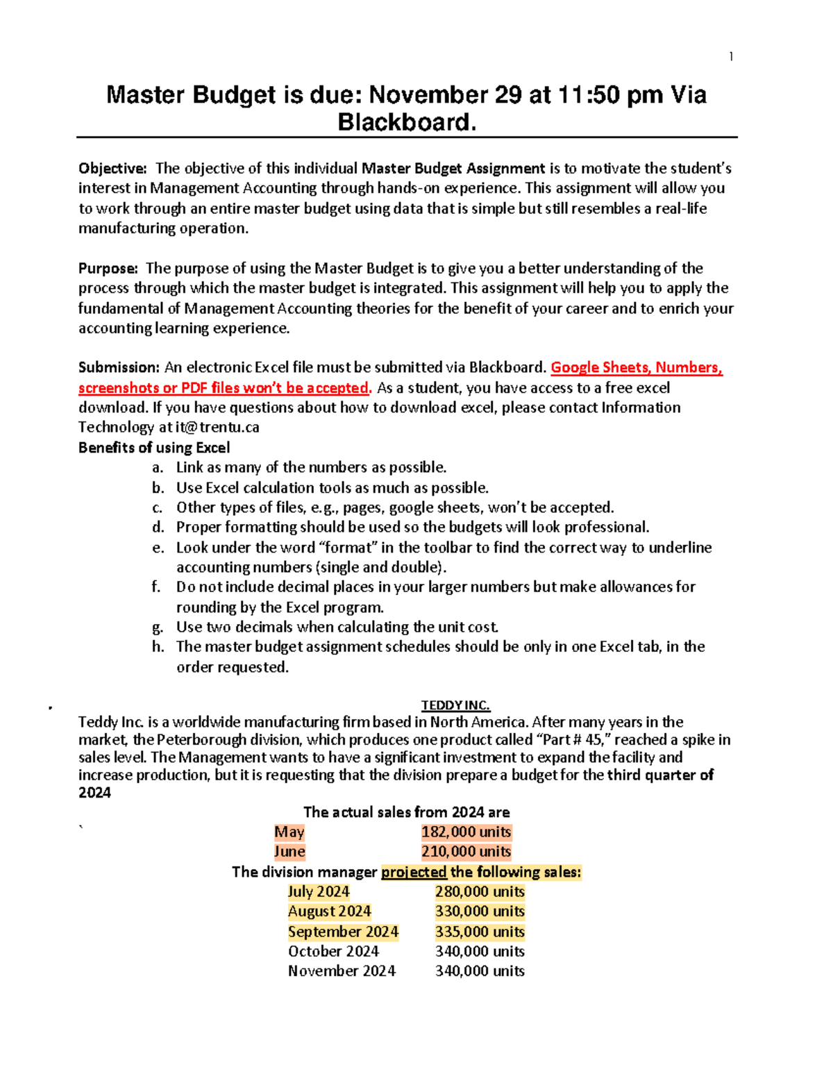 Master Budget Assignment Guidelines for Management Accounting (ACCT 101 ...