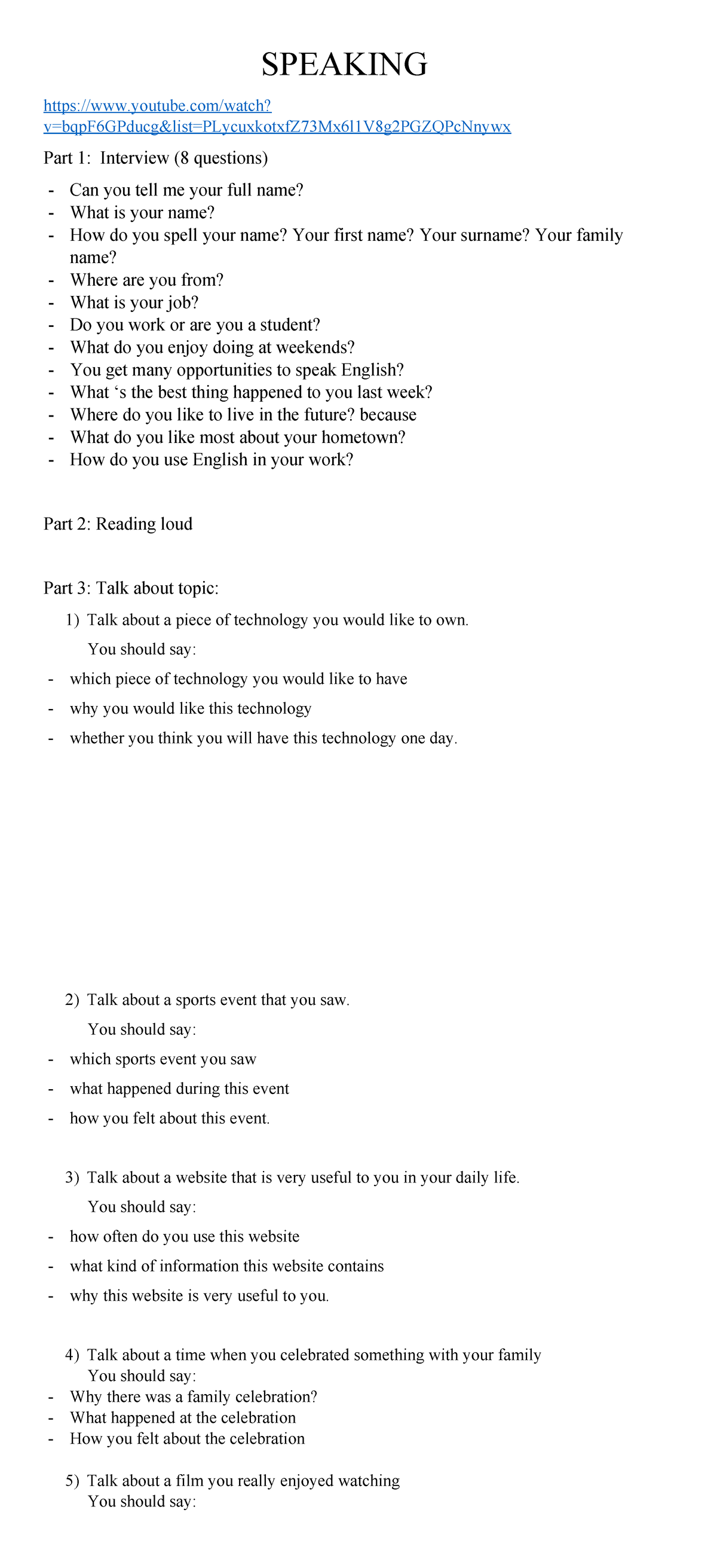 SPEAKING Part 1-4: Practice Questions for Linguaskill Exam - Studocu