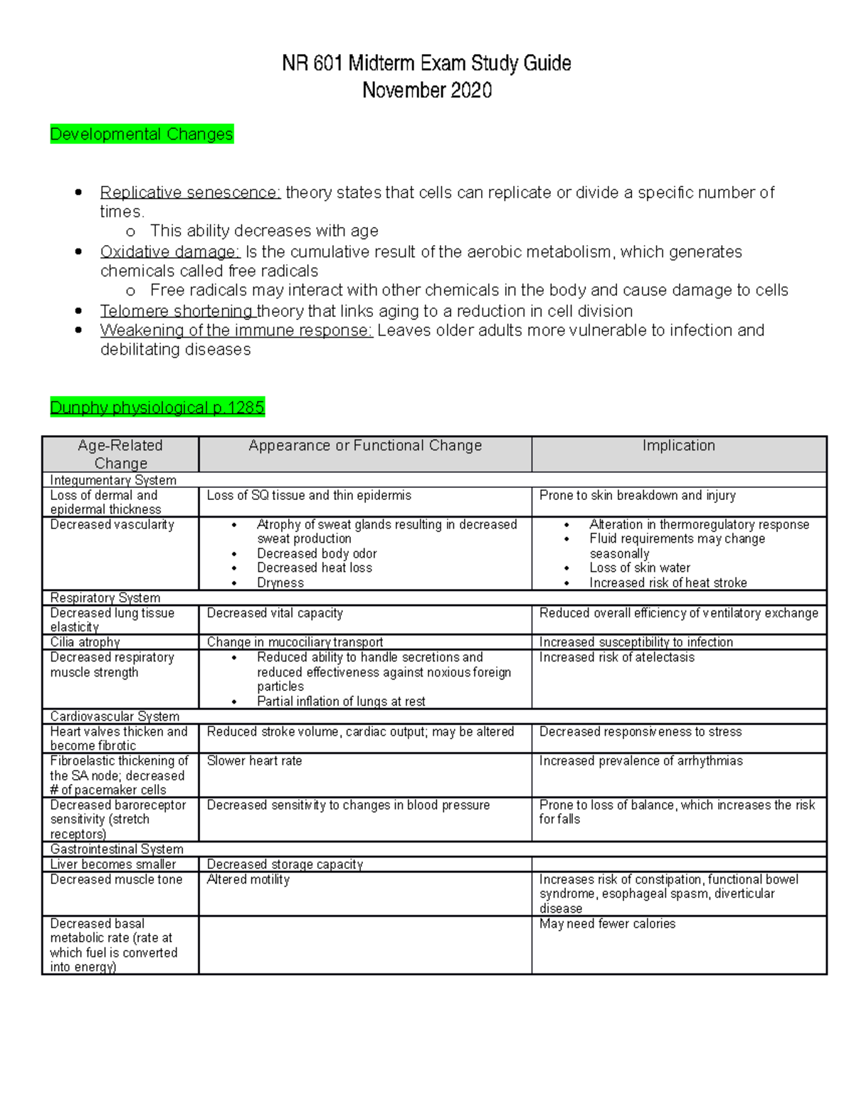 NR 601 Midterm Exam Study Guide: Age-Related Changes and Health ...