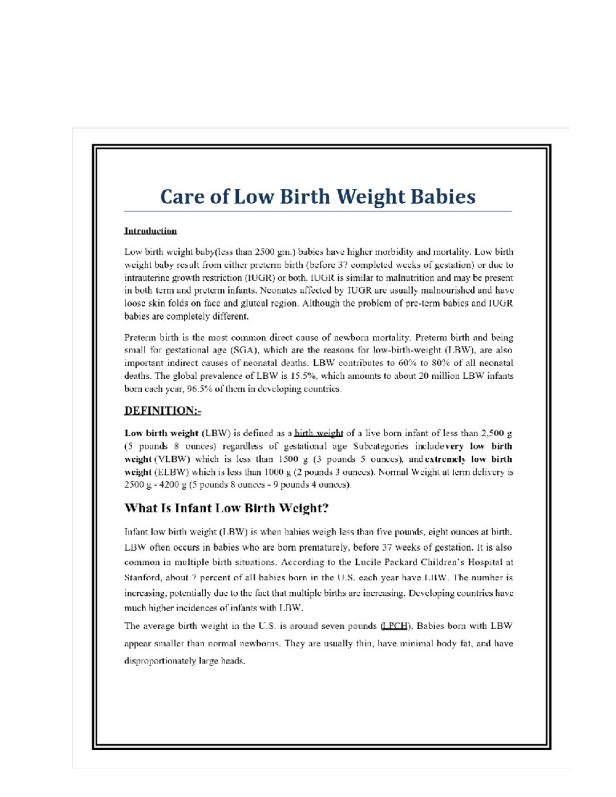 Care and Management of Low Birth Weight Babies (LBW) - Studocu