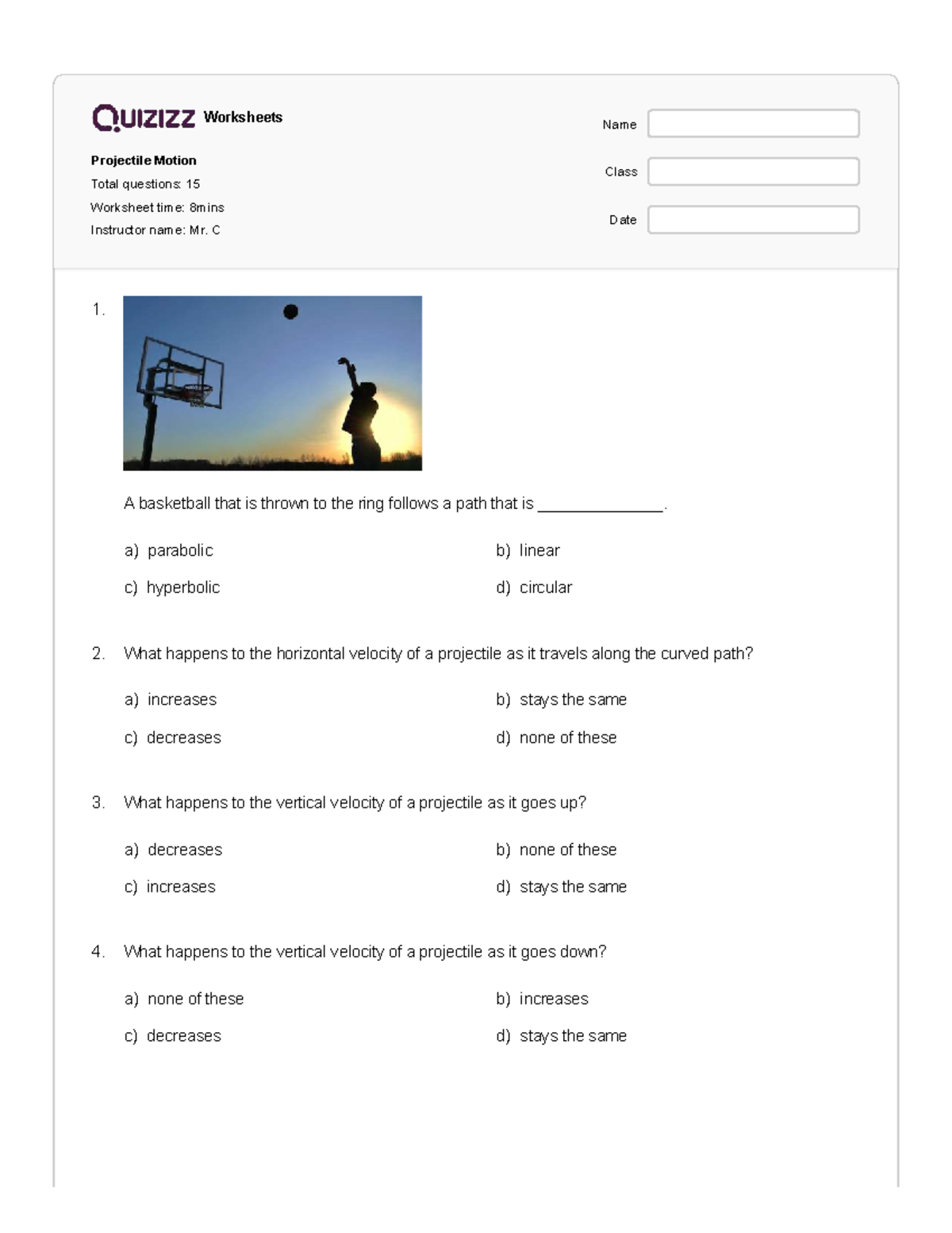 Projectile Motion Worksheet Questions - Total 15 Qs - Studocu