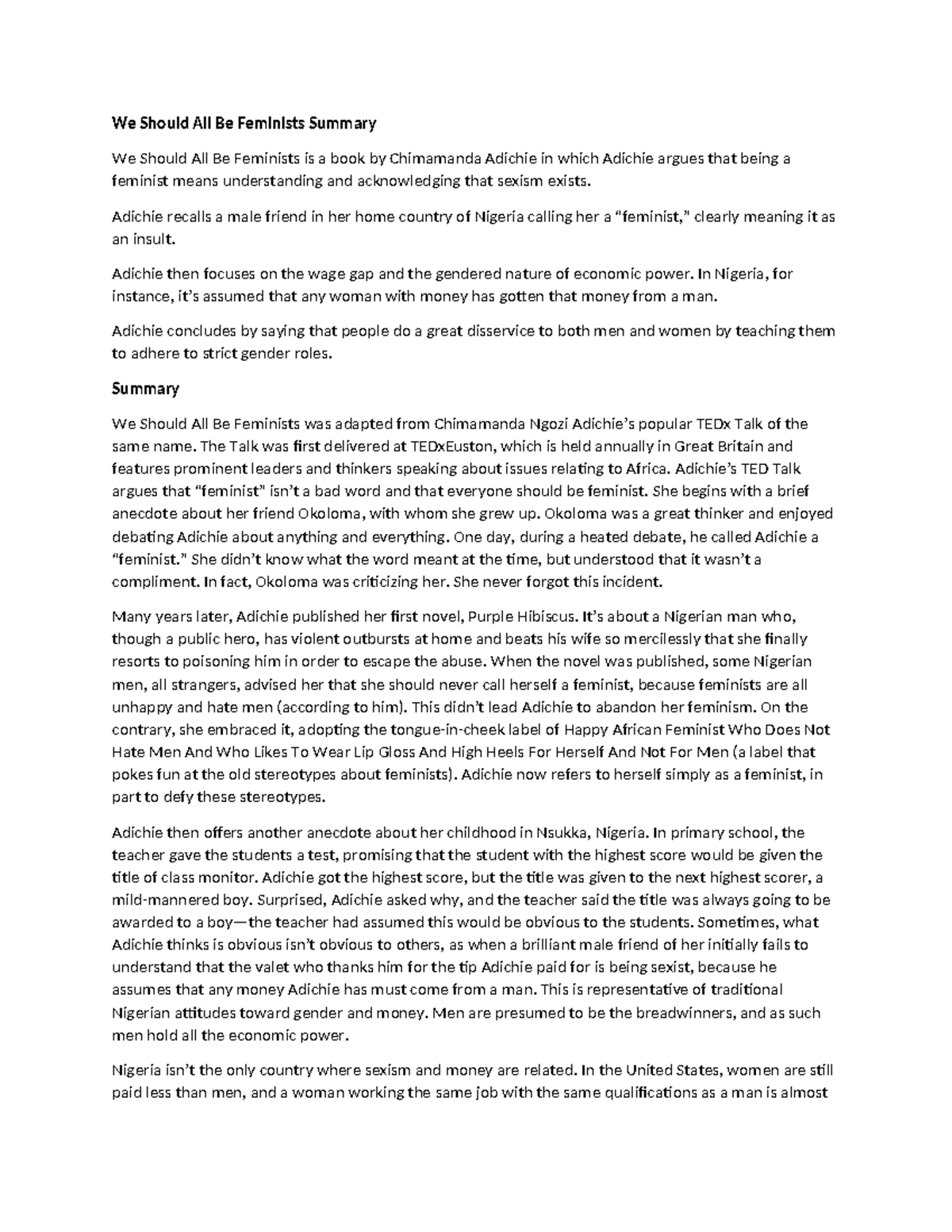 We Should All Be Feminists Summary & Analysis of Adichie's