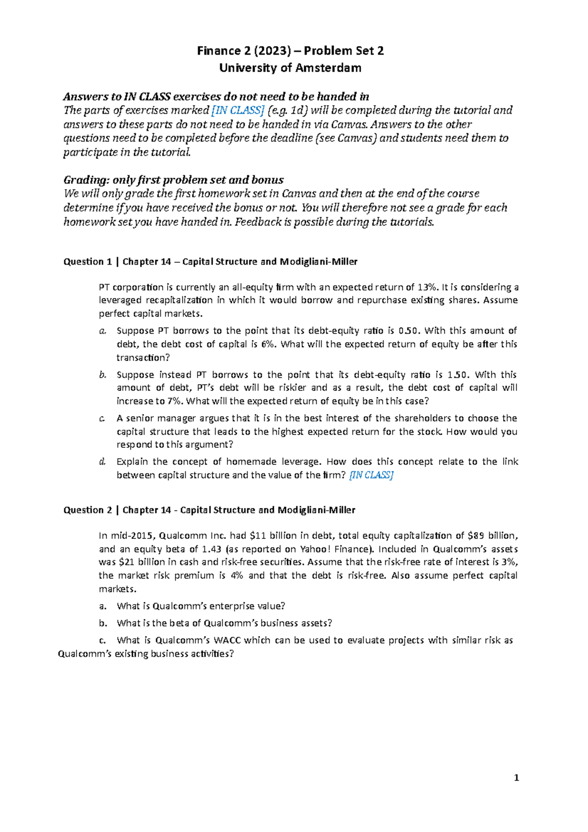 Finance 2 (2023) - Problem Set 2: Capital Structure & WACC Concepts ...