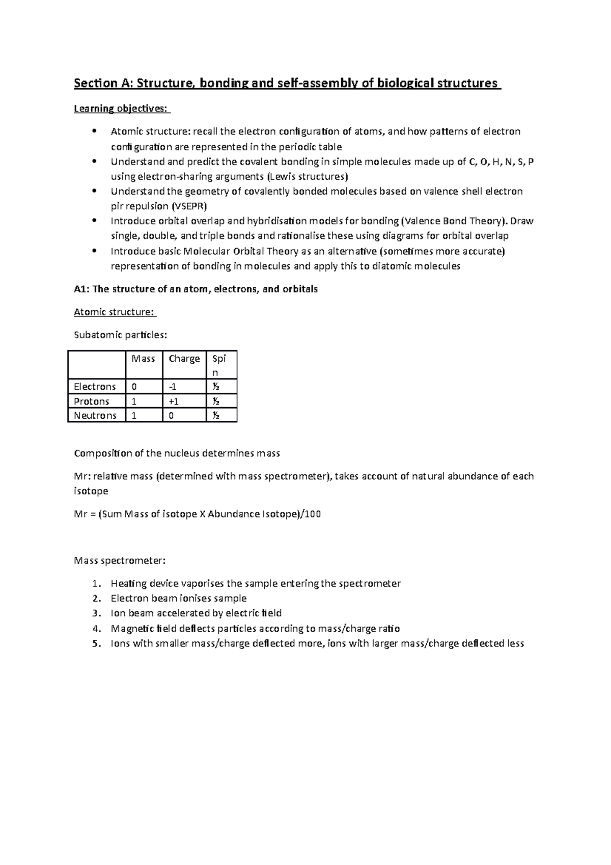 Section A. Structure, bonding and self assembly of biological ...