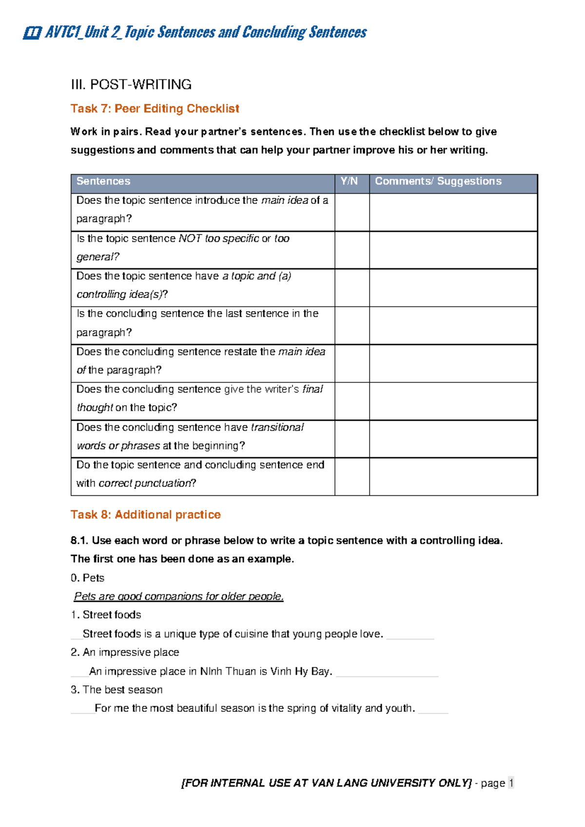 [Official] AVTC1 - Unit 2 - Topic sentences and concluding sentences ...