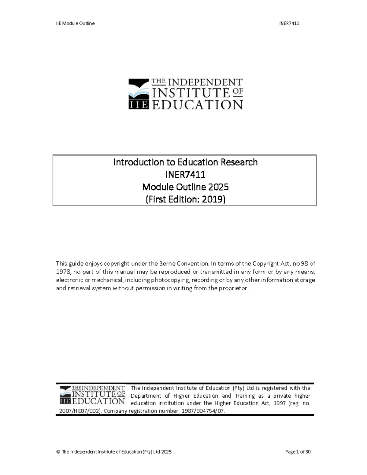 IIE Module Outline INER7411: Introduction to Education Research (2025 ...