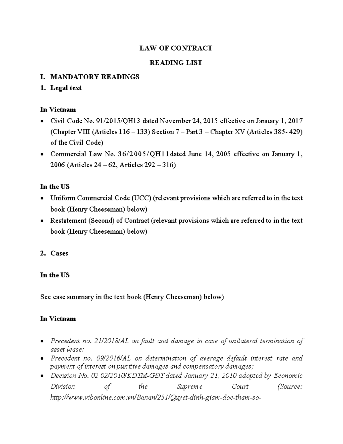 LAW OF CONTRACT READING LIST - MANDATORY READINGS (LO C) - Studocu