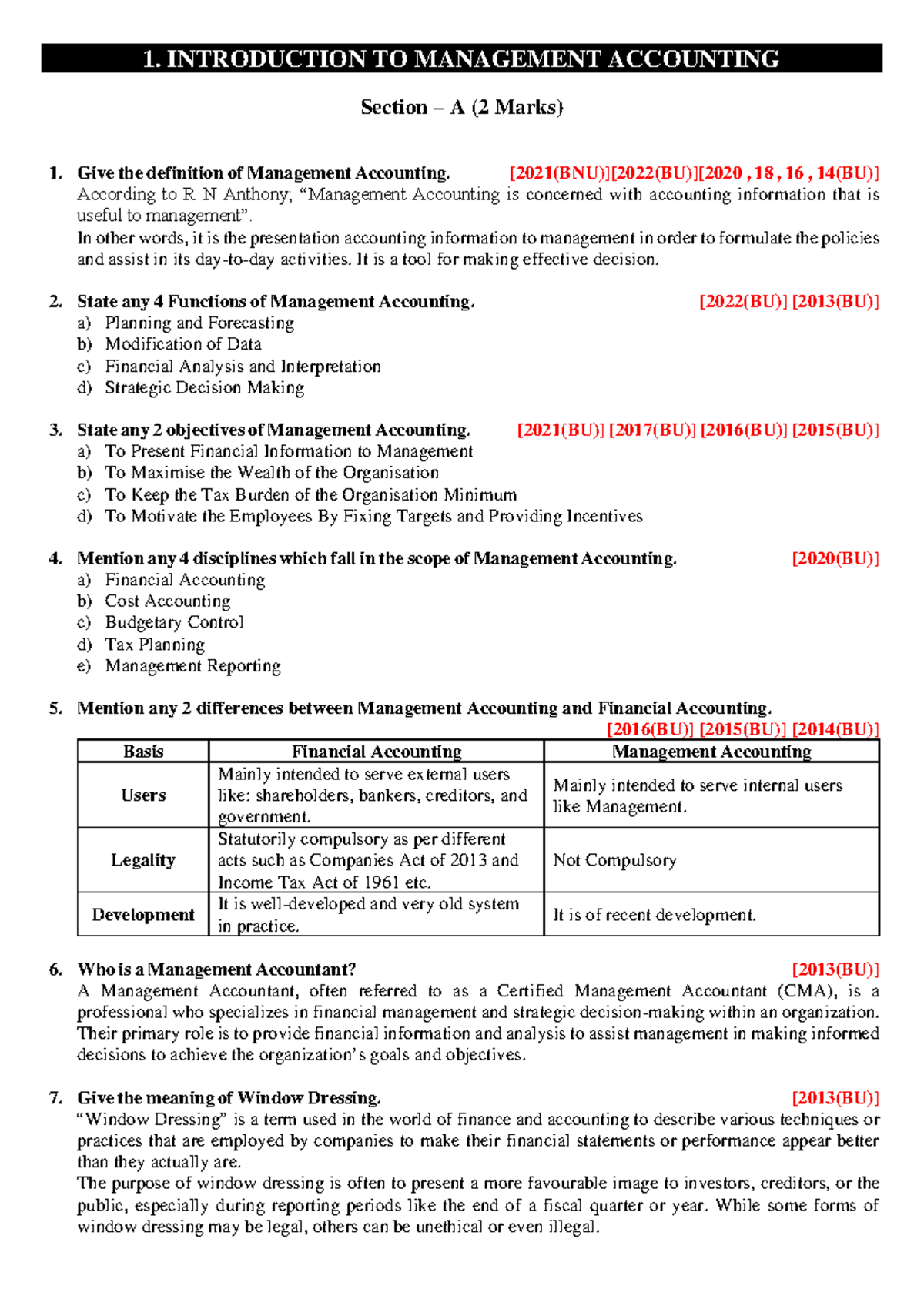 MA Notes on Management Accounting: Key Concepts & Analysis - Studocu