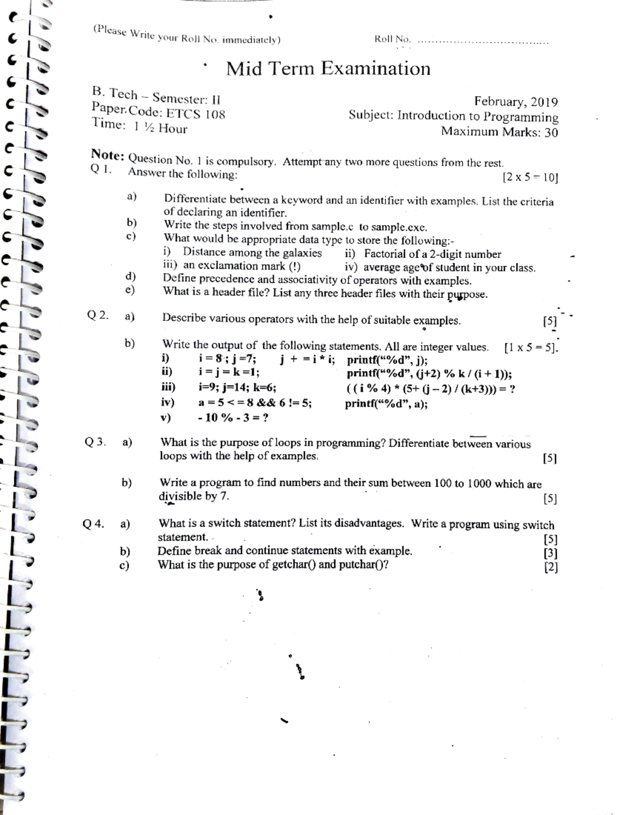 ETCS 108 Midterm & End Term Exam Papers: Introduction to Programming ...