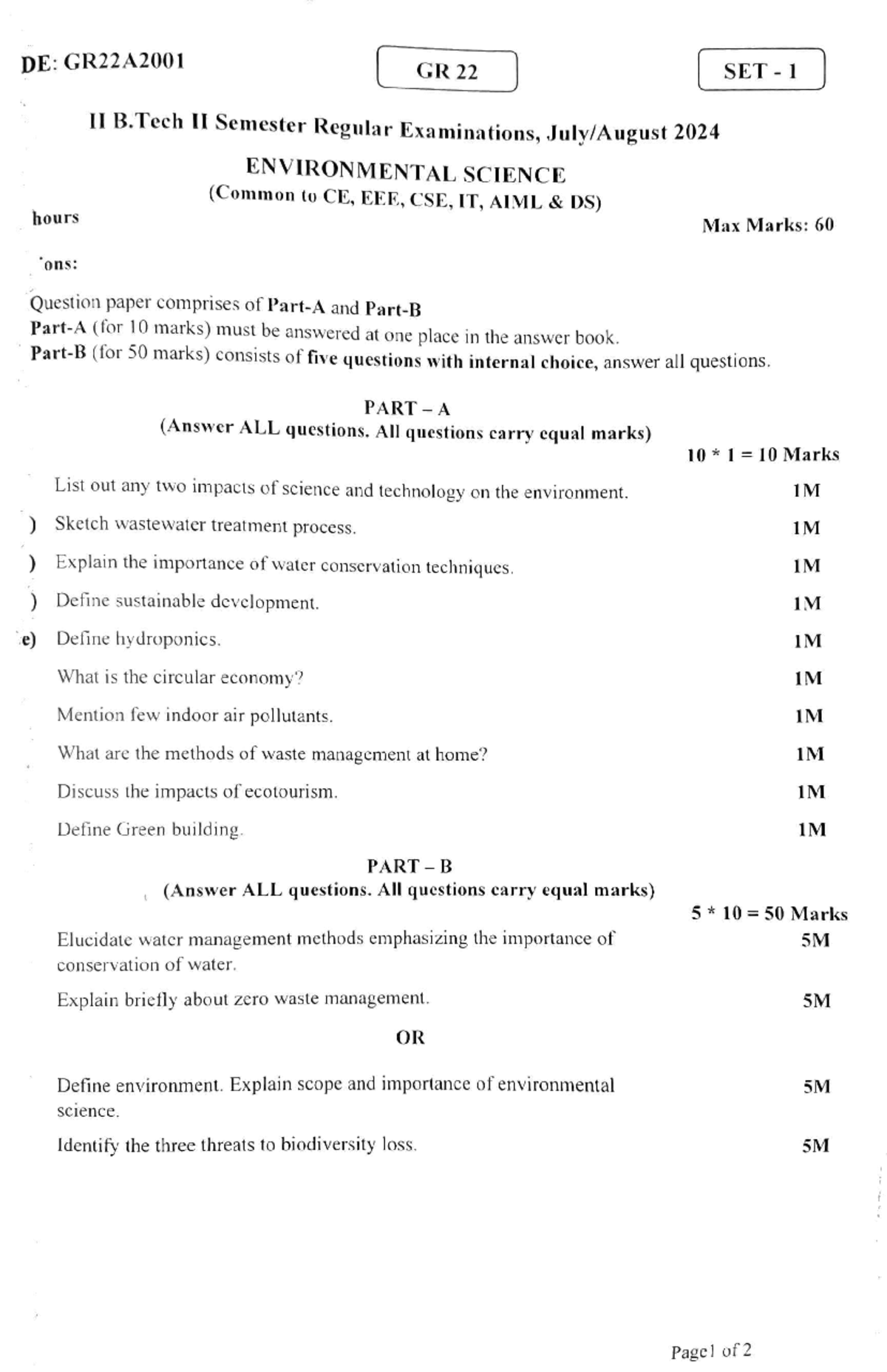Environmental Science Exam Paper GR22A2001 - B.Tech II Sem 2024 - Studocu