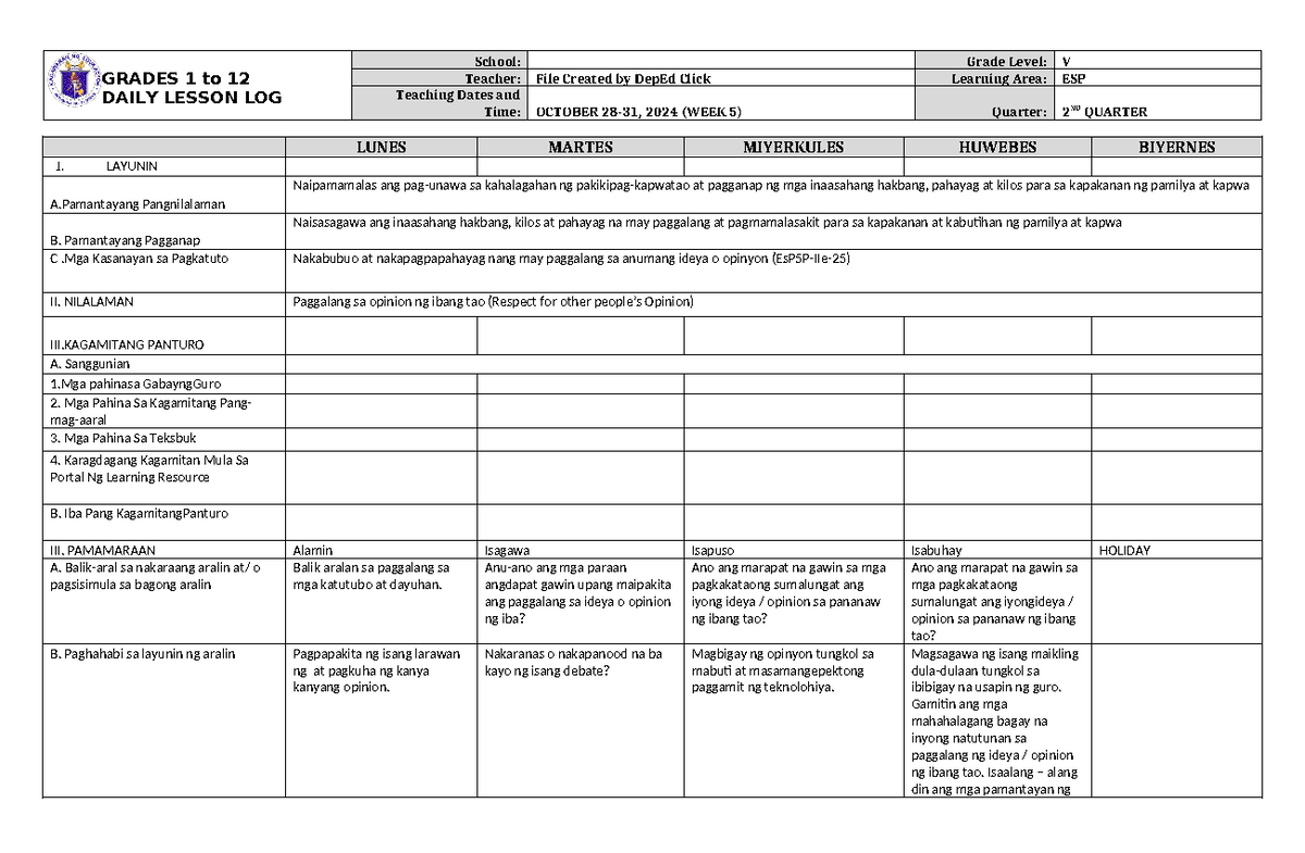 DLL ESP 5 Q2 W5 - DLL - GRADES 1 to 12 DAILY LESSON LOG School: Grade ...