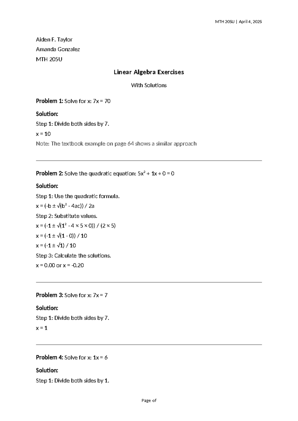 MTH 205U Linear algebra exercises with solutions - Studocu