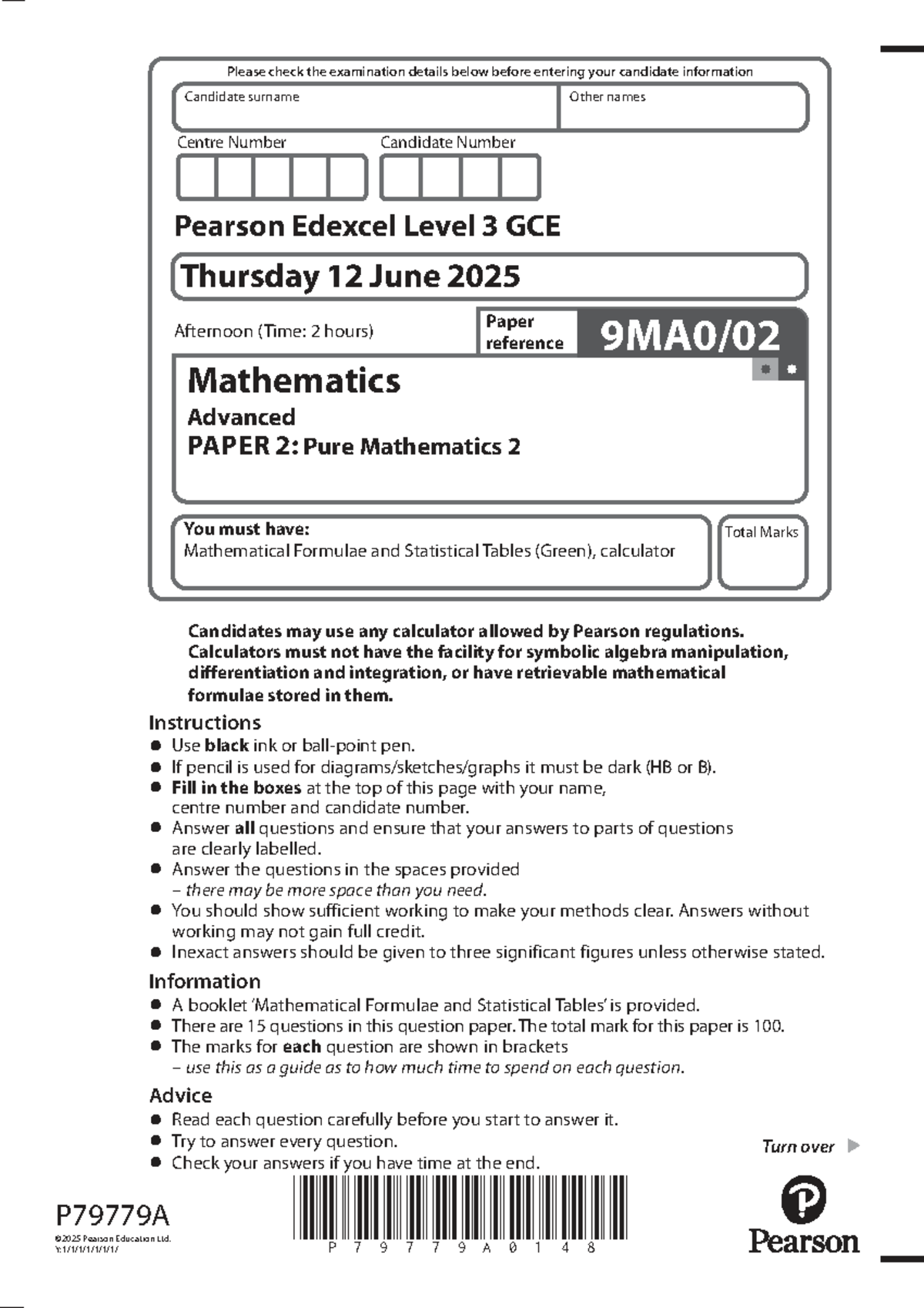 Edexcel Mathematics Advanced Paper 2 Exam Details - June 2025 - Document Preview