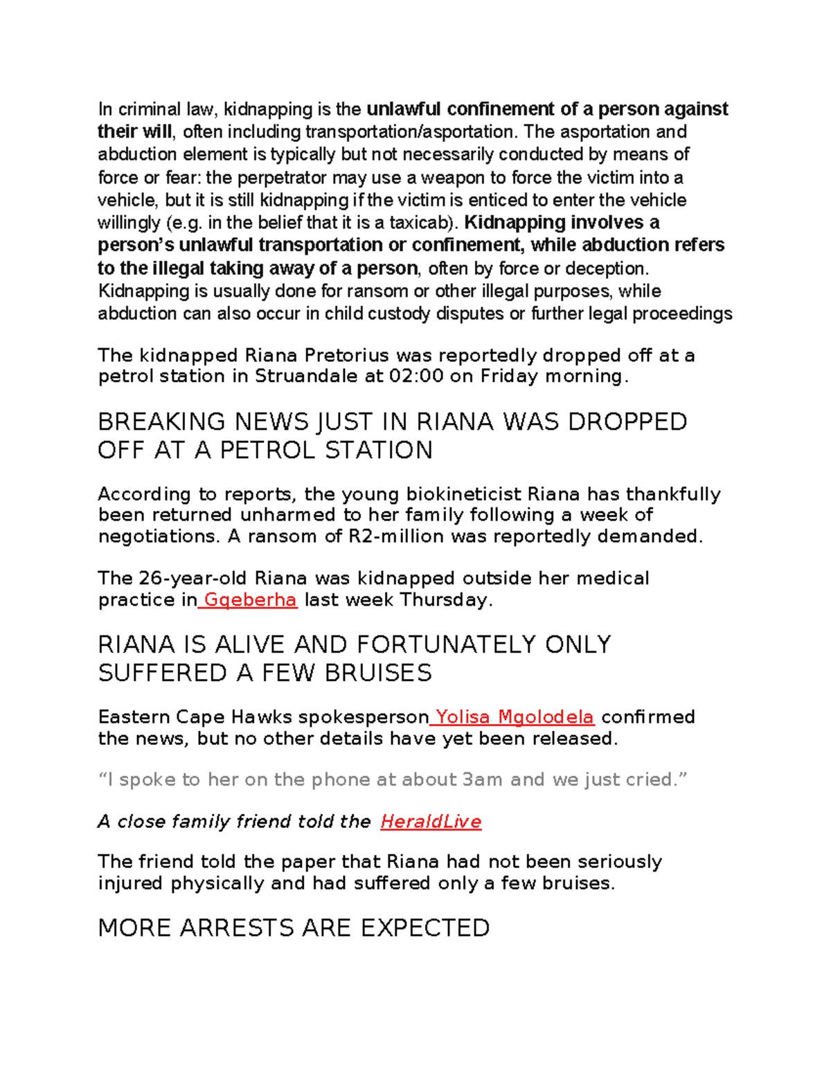 Kidnapping: A Comprehensive Essay on Legal Definitions and Cases - Studocu
