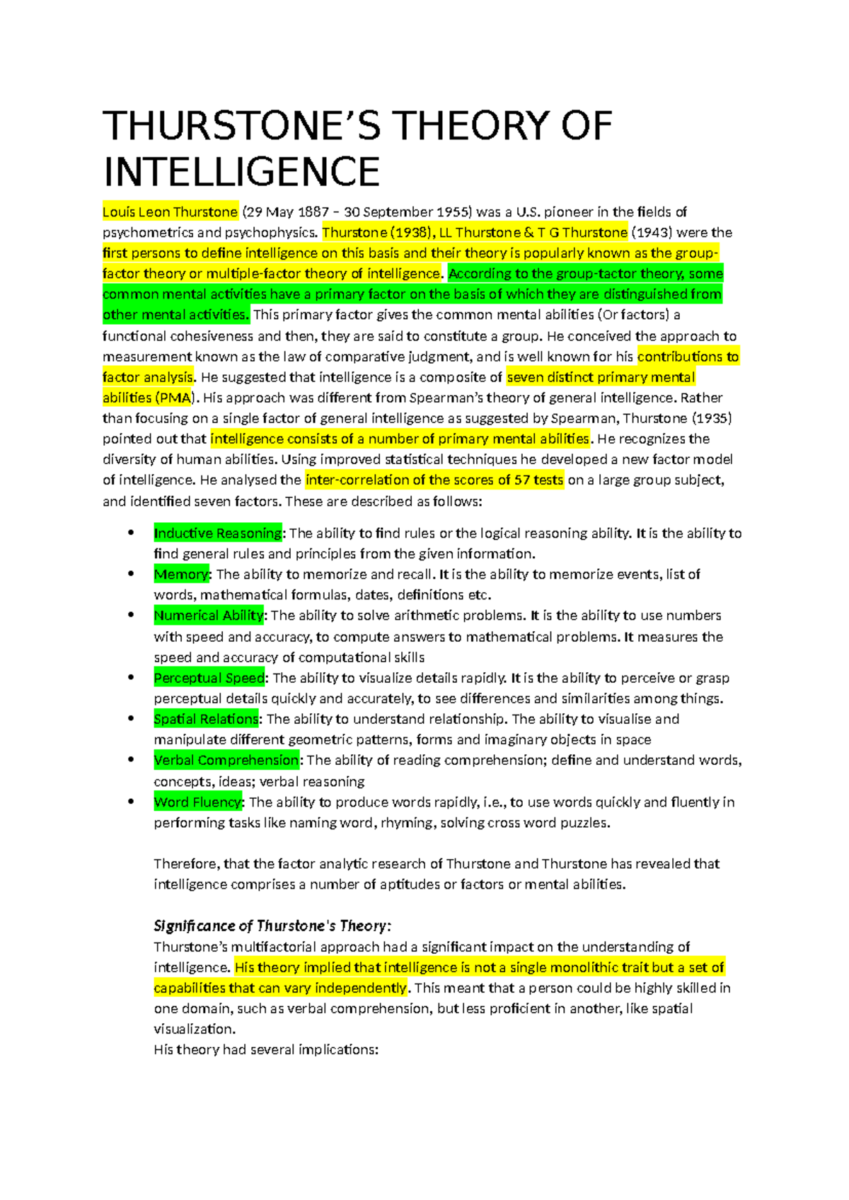 Thurstone's Theory of Intelligence: A Multifactorial Approach - Studocu