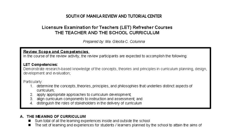 LET Refresher Course: The Teacher and the School Curriculum Review ...
